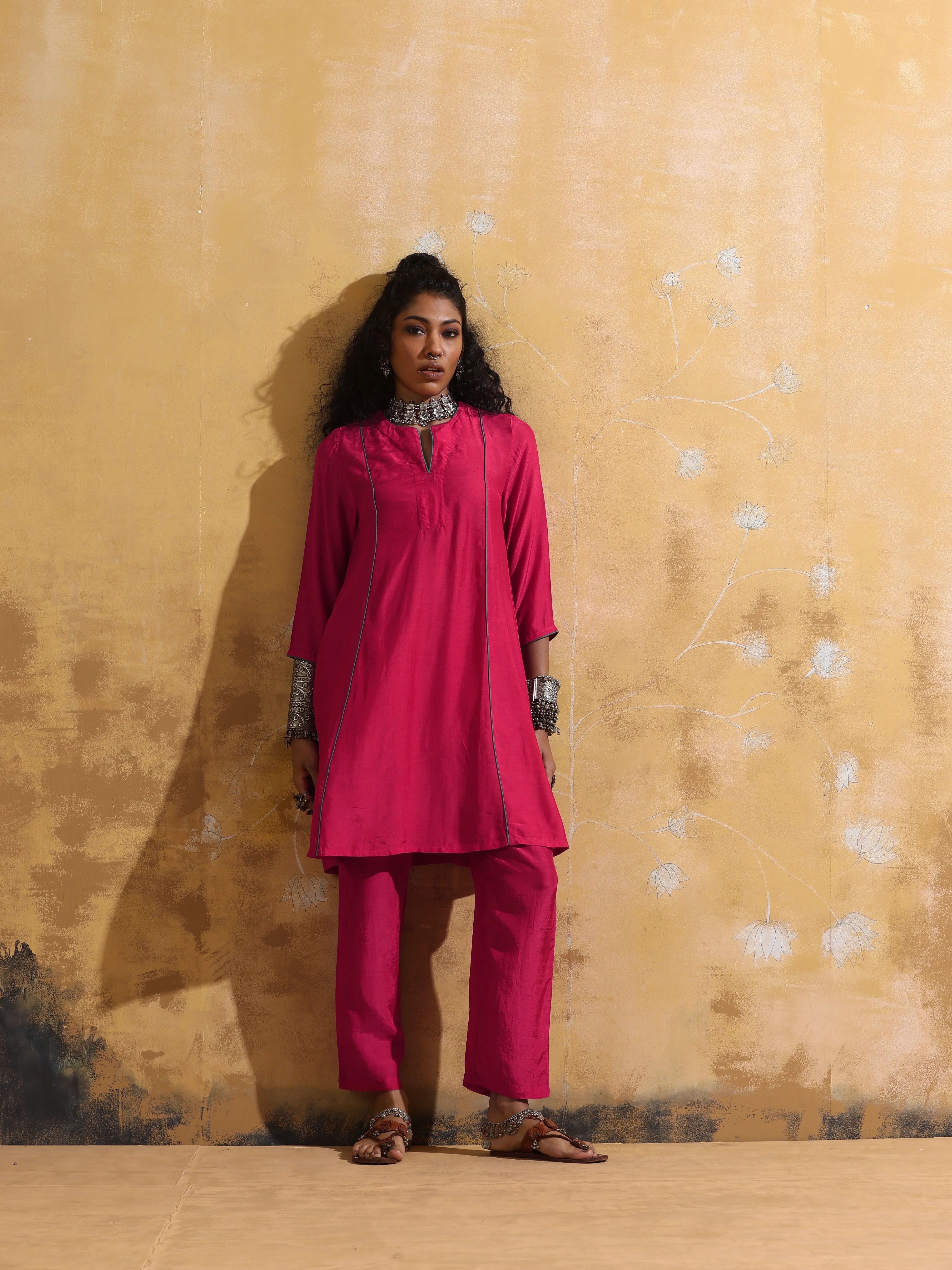 trueBrowns Pink Muslin Silk A-Line Kurta Co-ord Set
