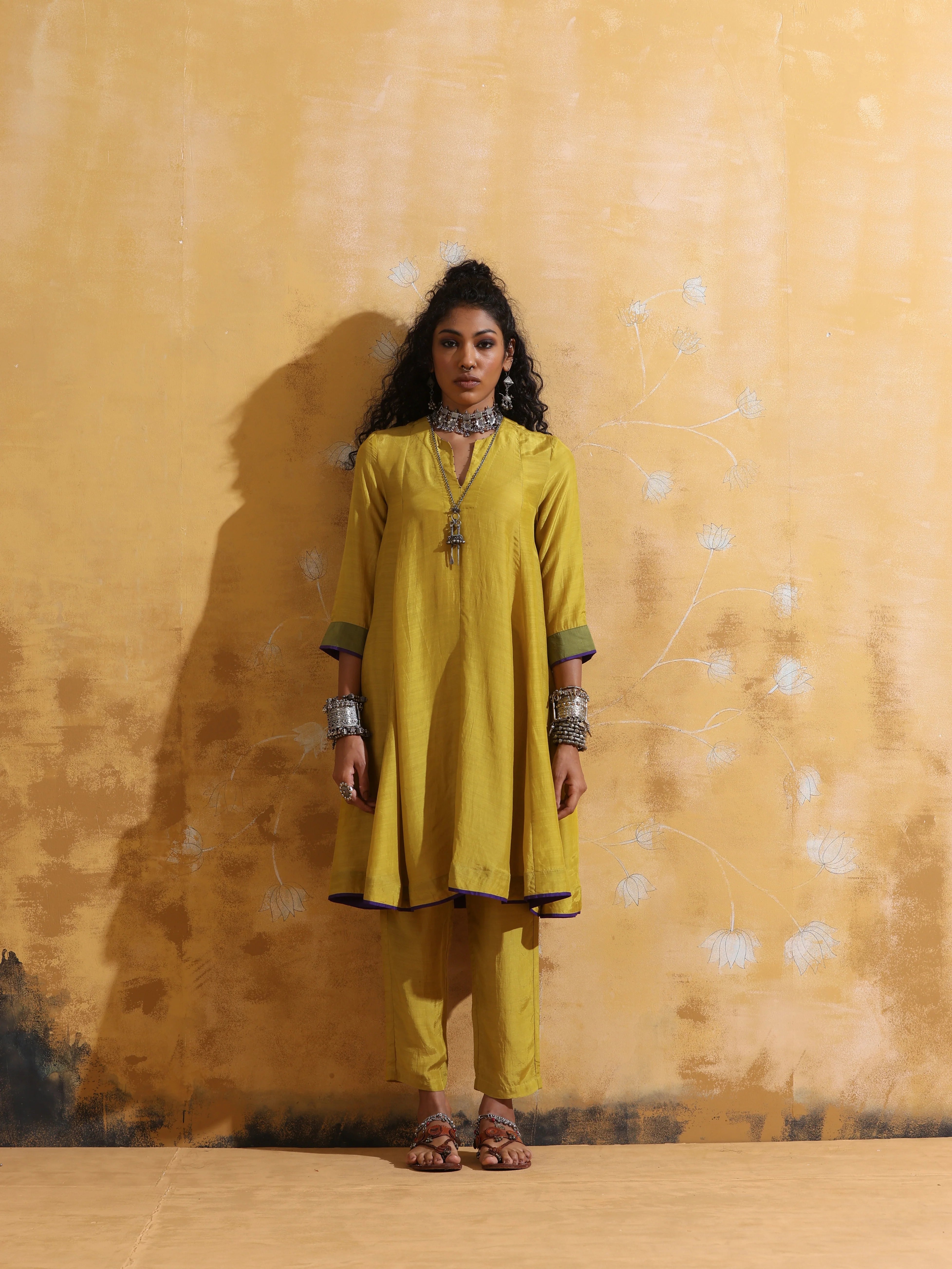 trueBrowns Lime Muslin Silk Flared Kurta Co-ord Set