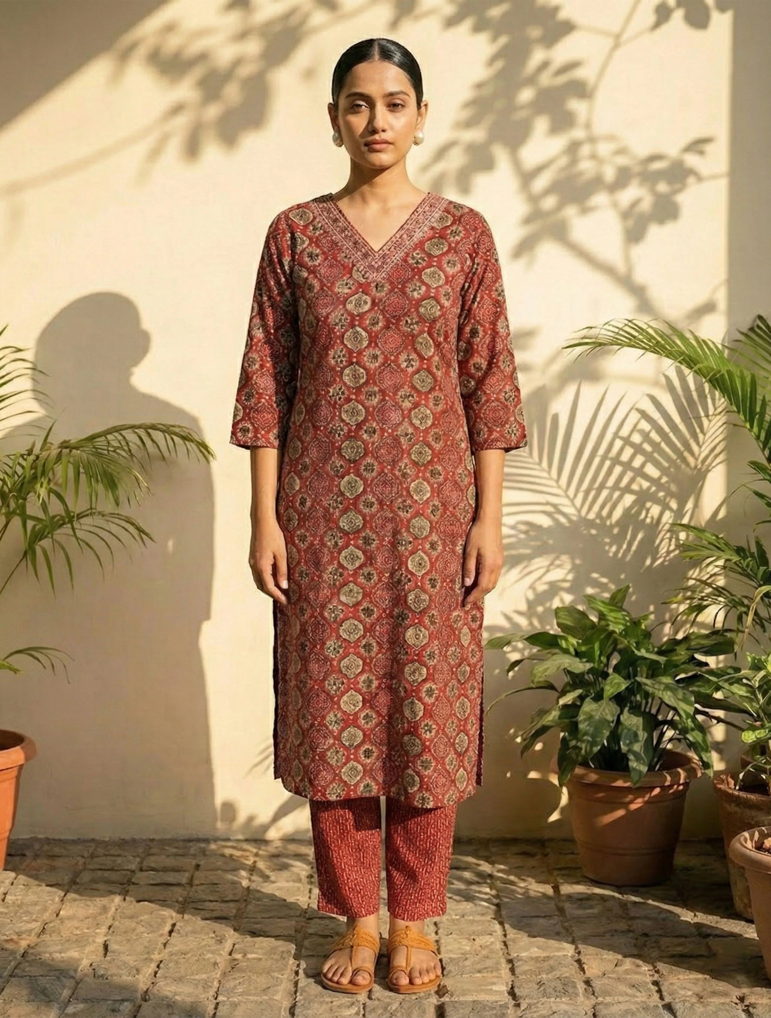 trueBrowns Red Print Embroidered V-Neck Kurta Pant Dupatta Set