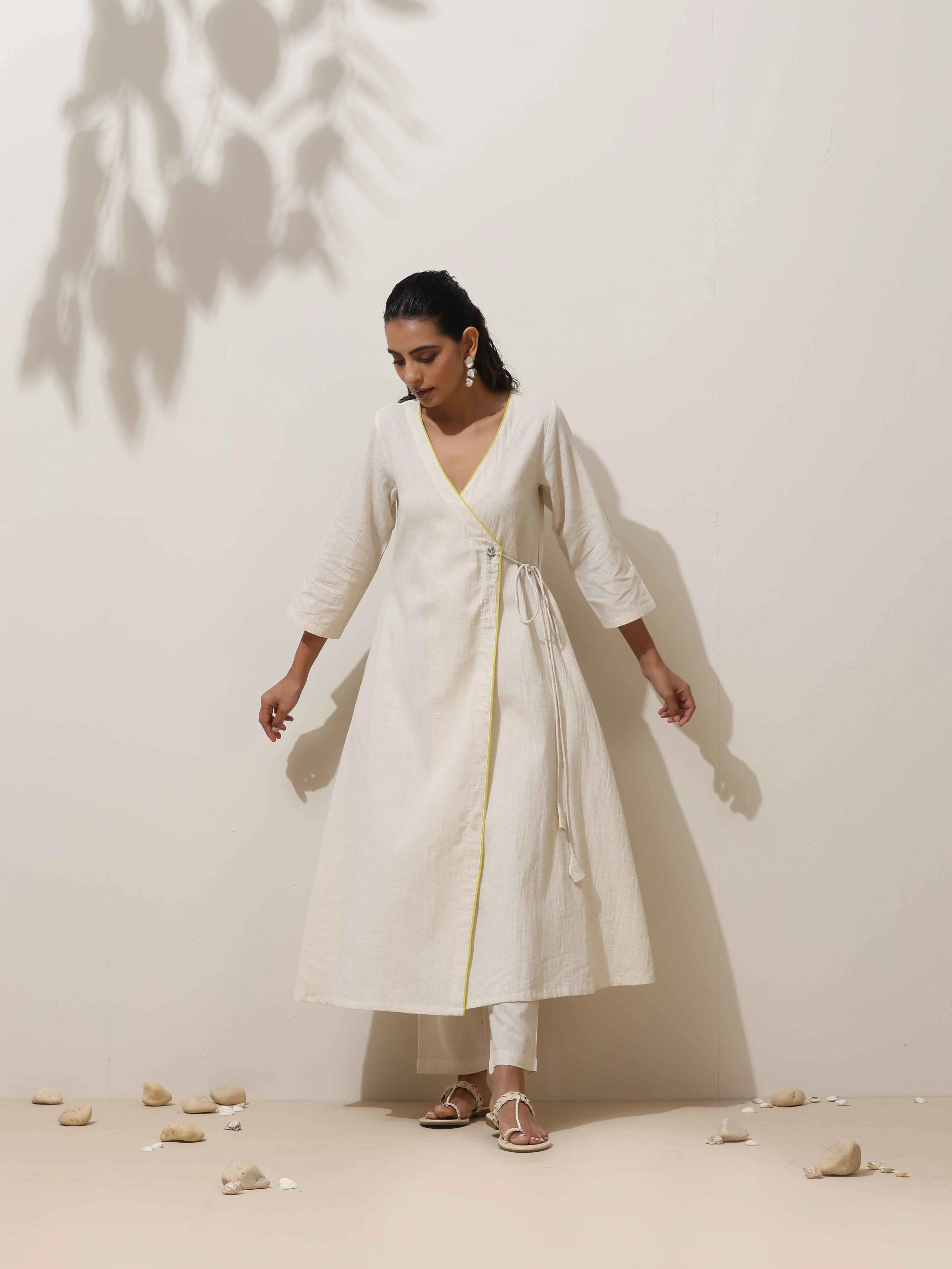 trueBrowns Off White Cotton Linen Angrakha Kurta Pant Set