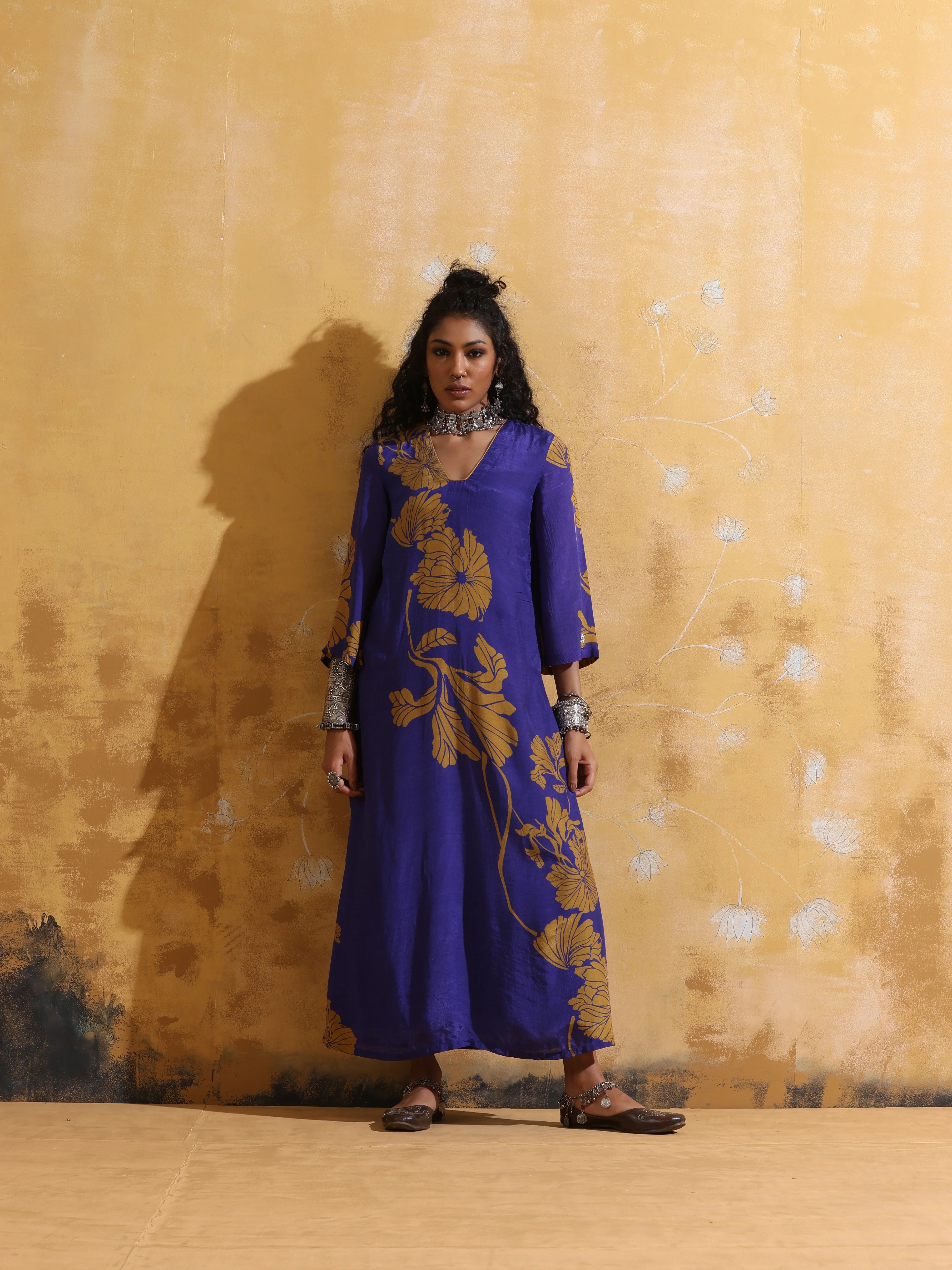 trueBrowns Purple Mustard Floral Print Muslin Silk Straight Maxi Dress