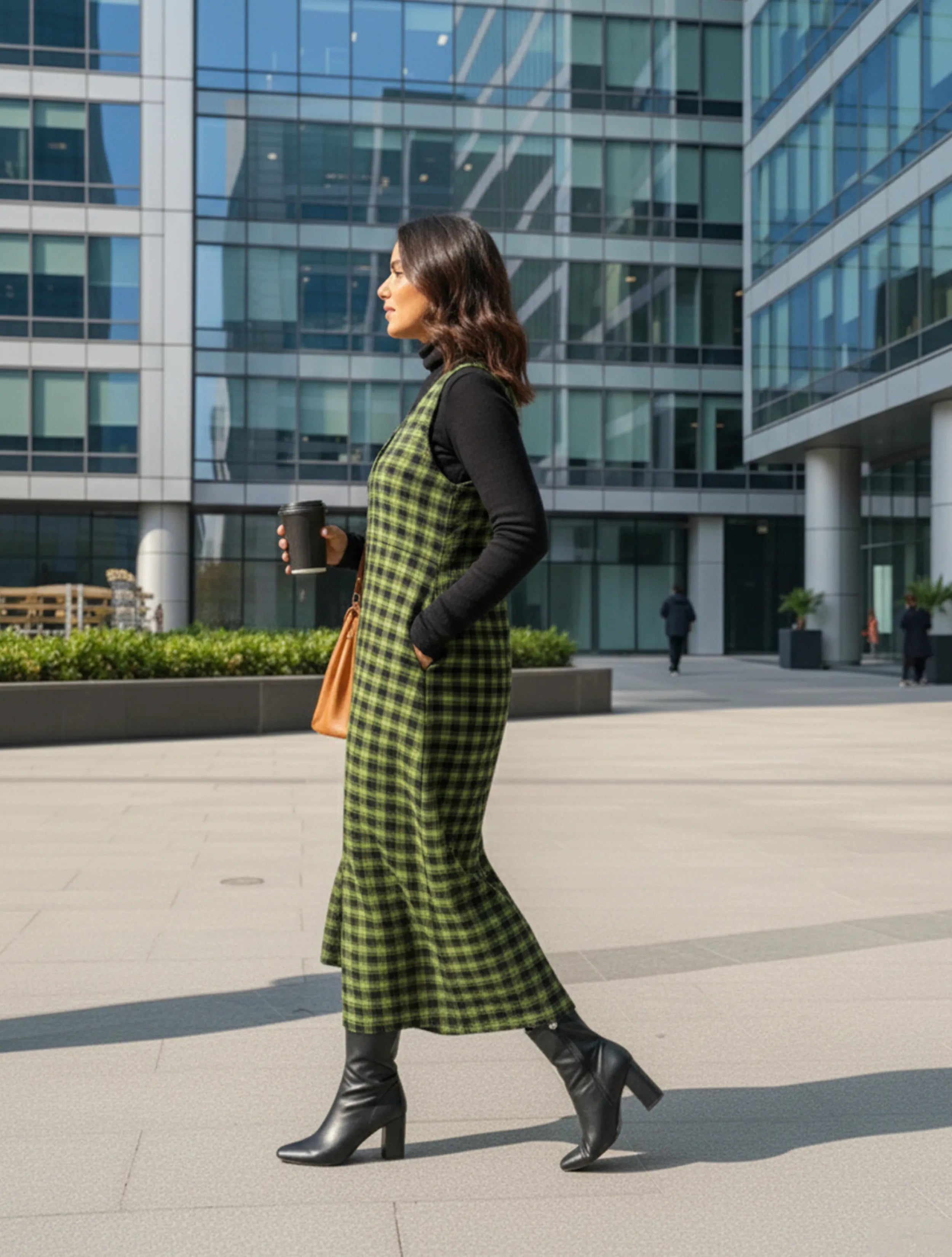 trueBrowns Green Black Sleeveless Check Woollen Dress