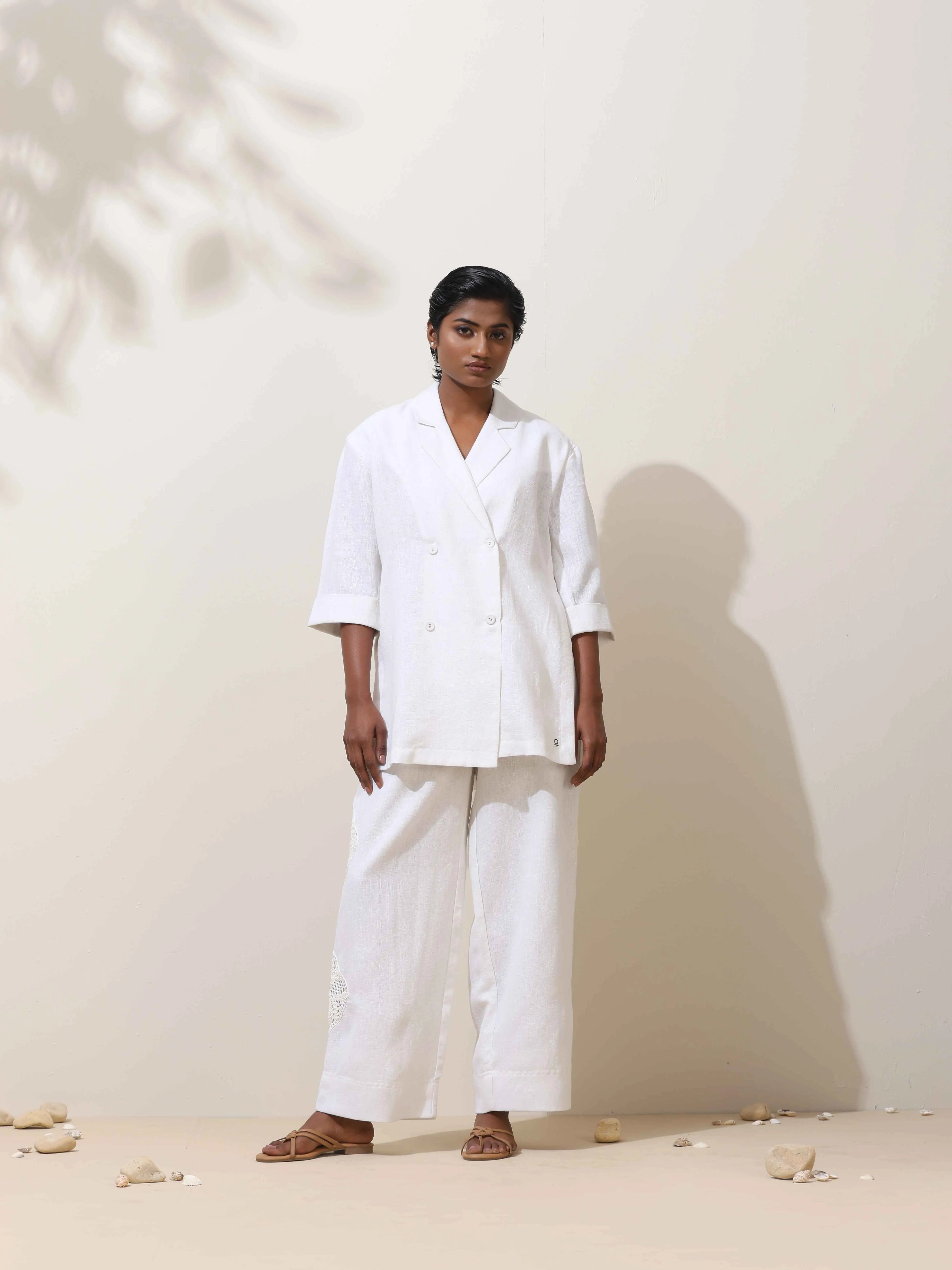 trueBrowns Indus White Crochet Natural Cotton Blazer Co-ord Set