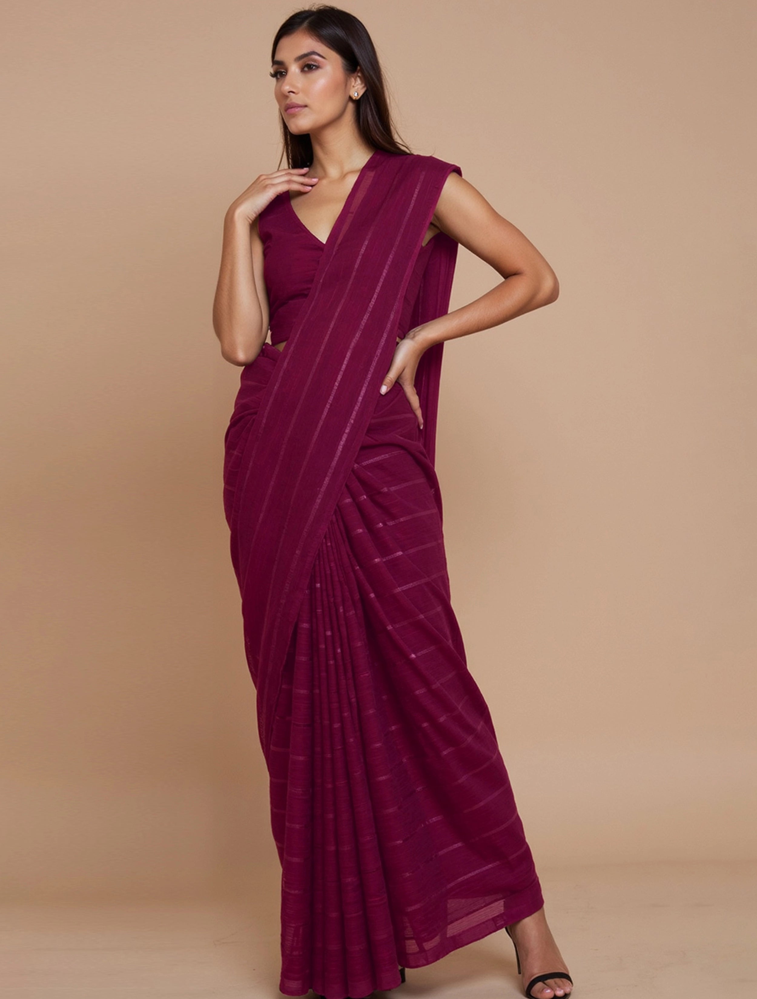 trueBrowns Wine Stripe Saree With Unstitched Blouse