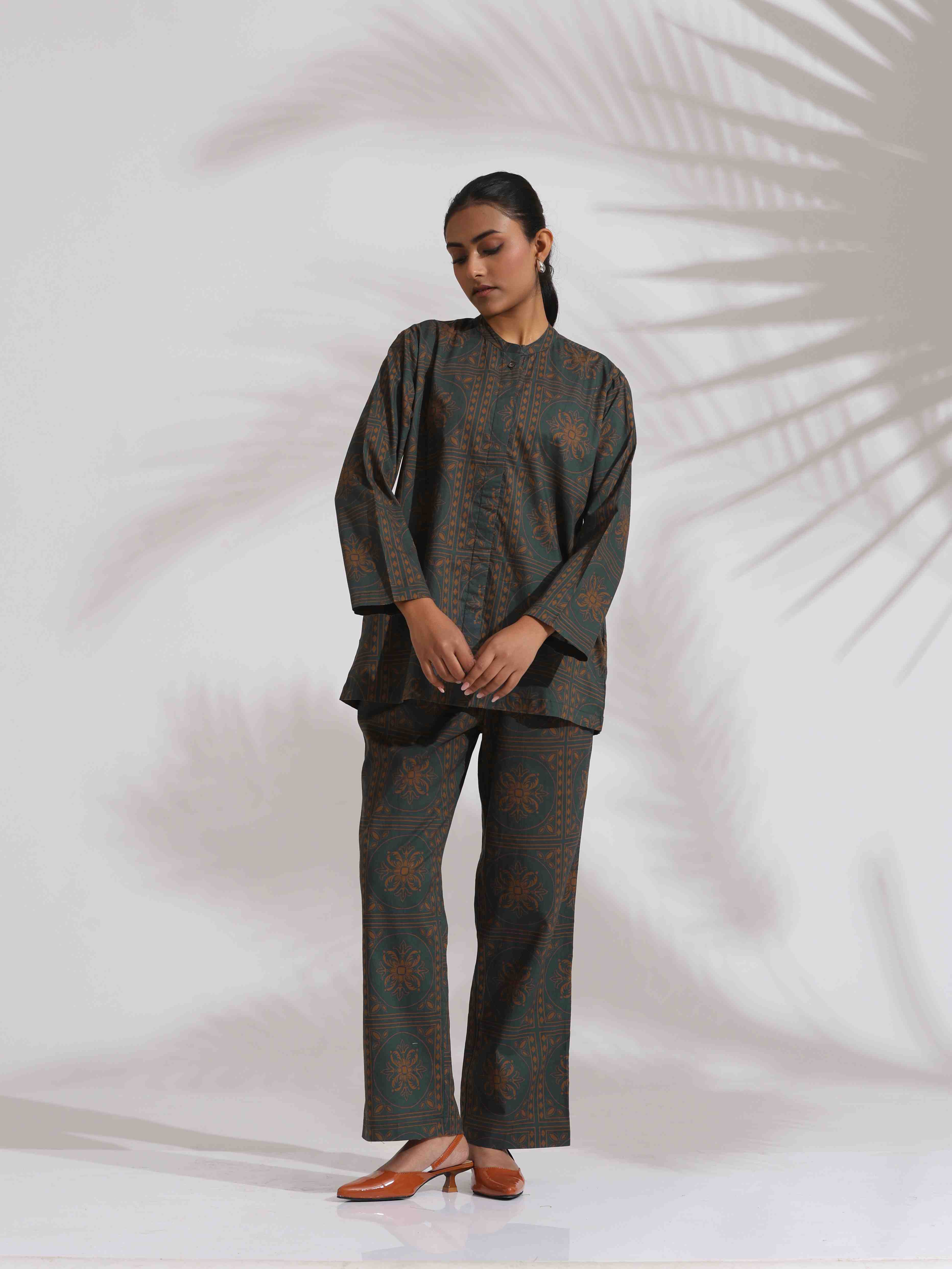 trueBrowns Green Cotton Print Shirt Top & Pants Co-ord Set