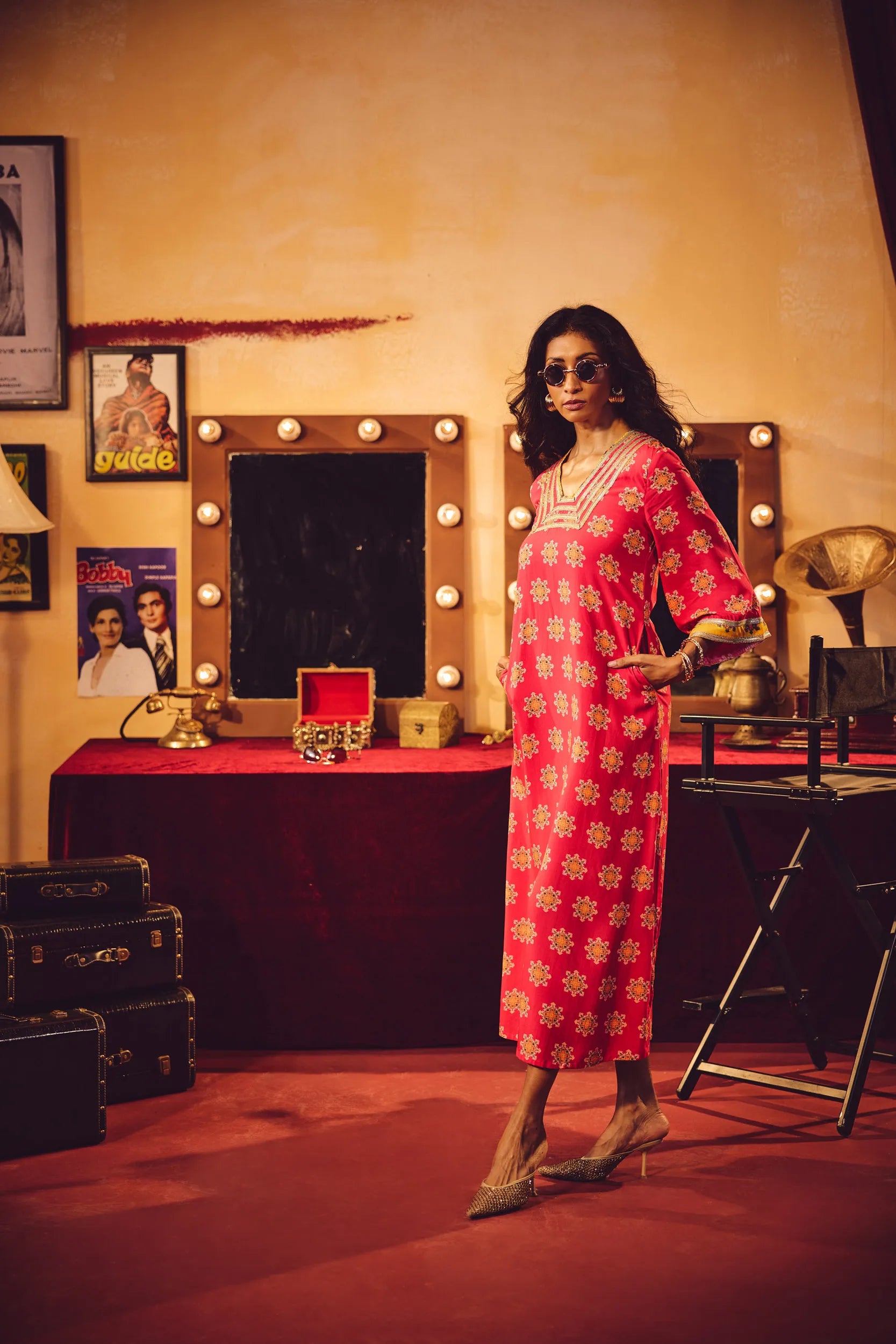 trueBrowns Pink Boota Print Viscose Straight Maxi Dress