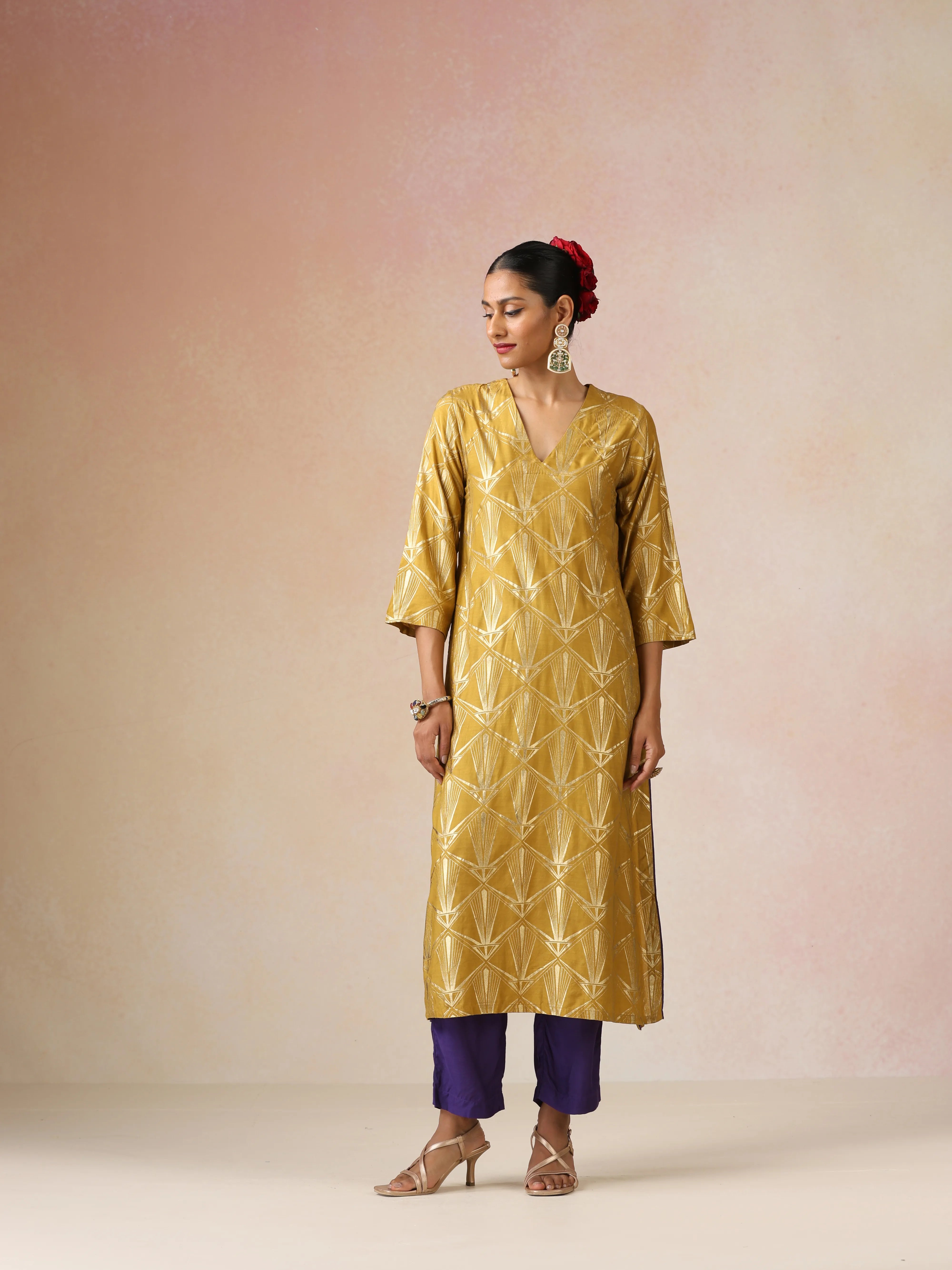 trueBrowns Mustard Gold Foil Print Muslin Silk Straight High-Slit Kurta Set