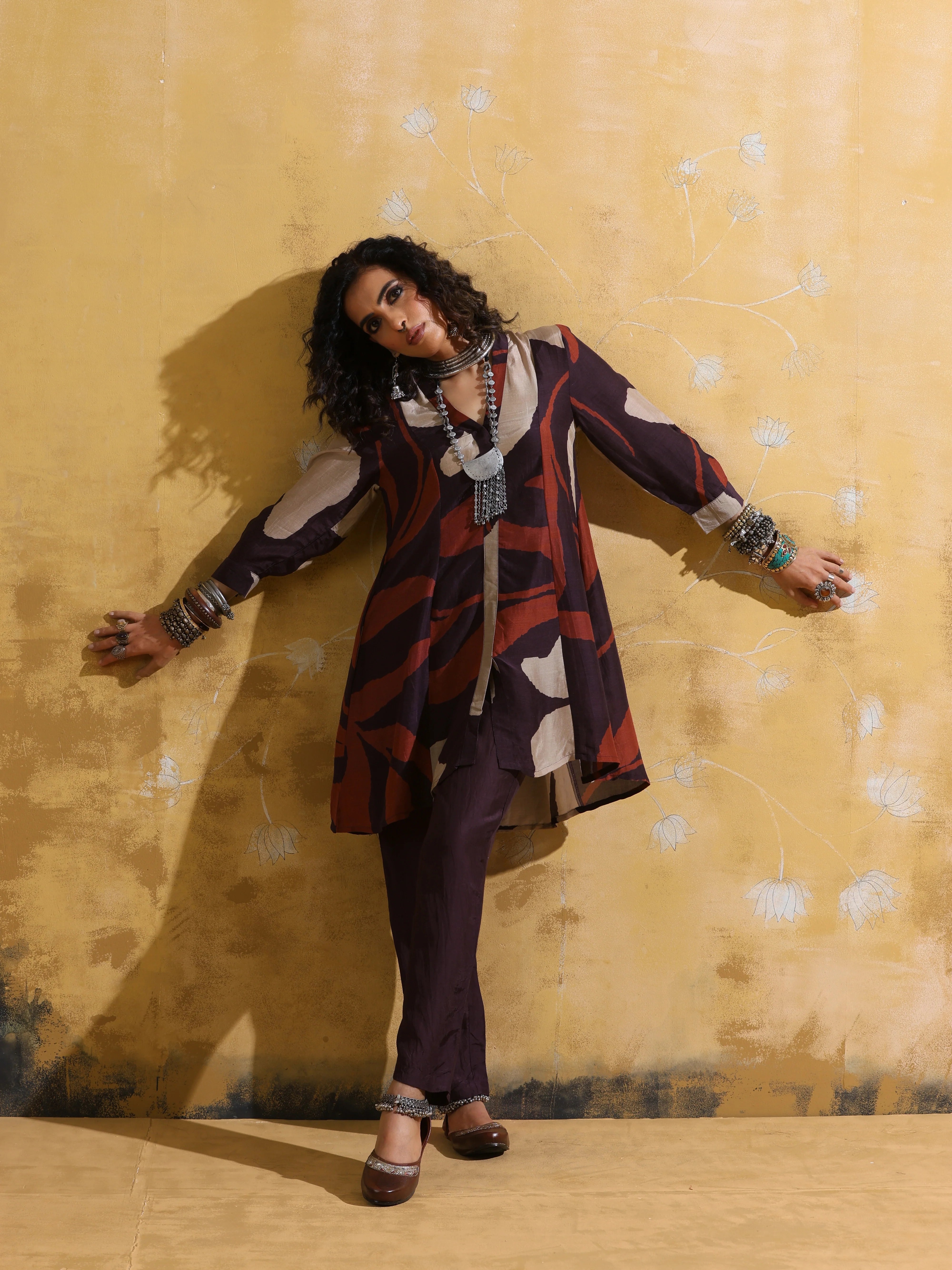 trueBrowns Cola Rust Red Floral Print Muslin Silk A-Line Co-ord Set