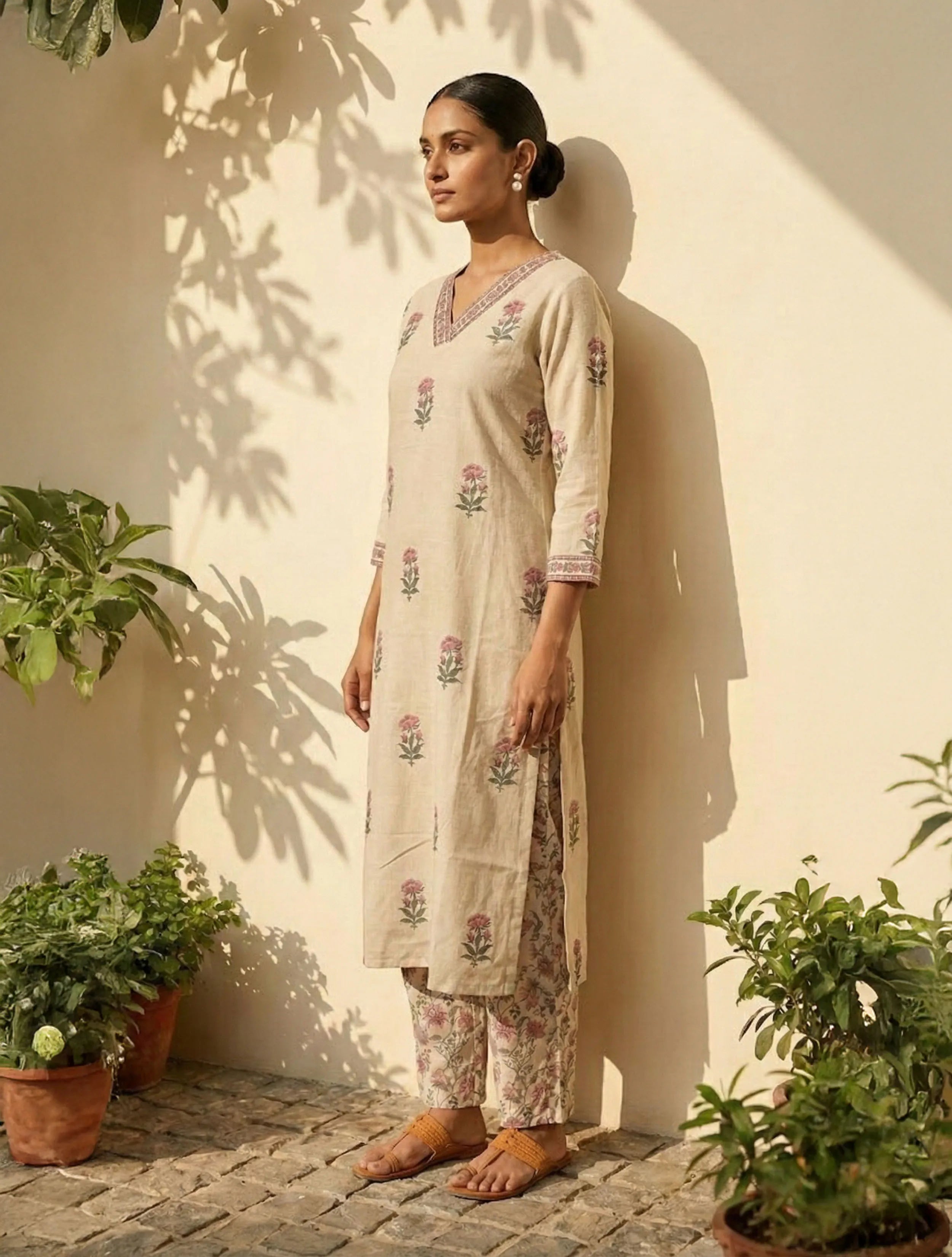 trueBrowns Ivory Floral Boota Print V-Neck Kurta Pant Set