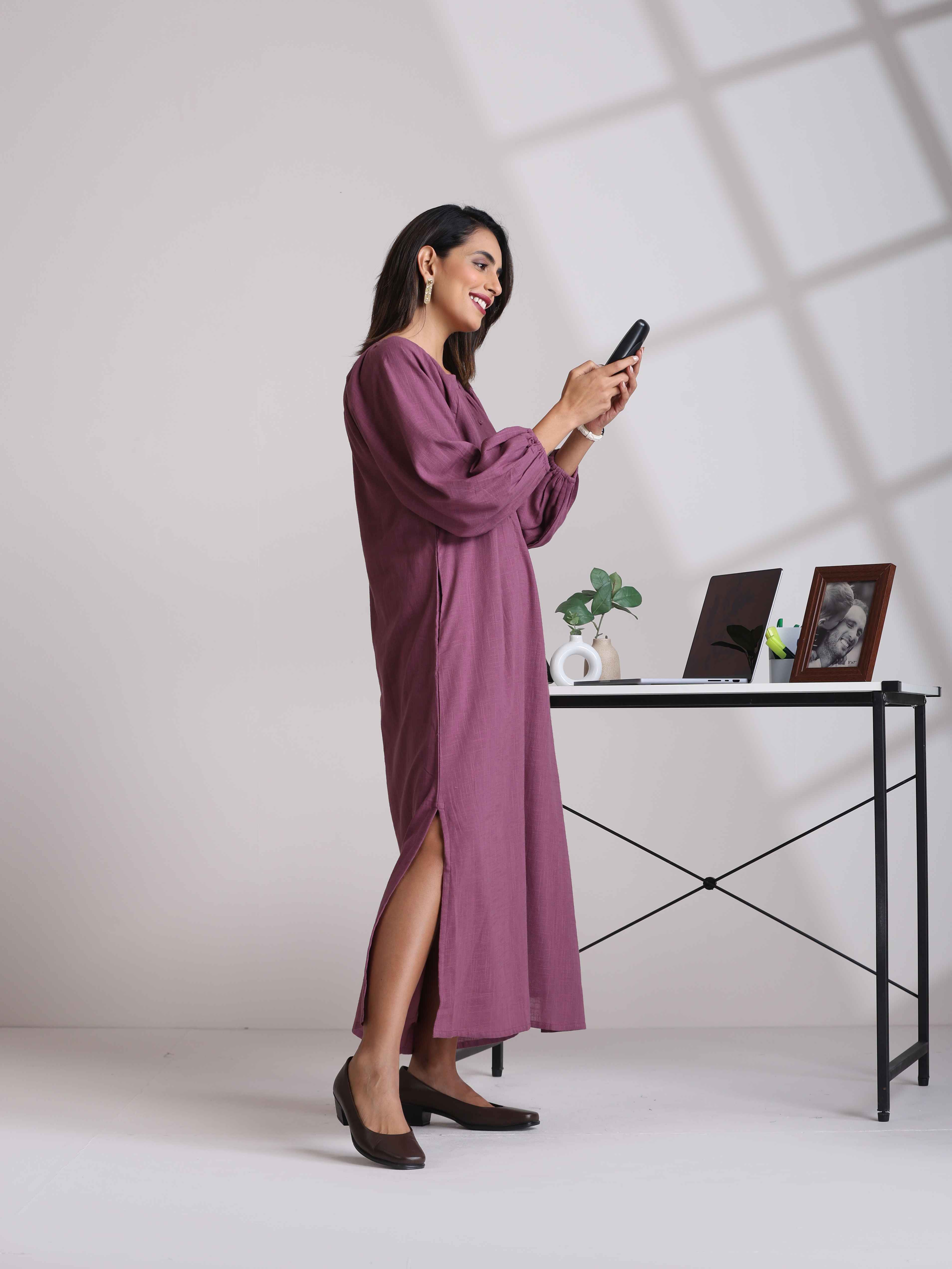 trueBrowns Light Purple Cotton Dobby Dress