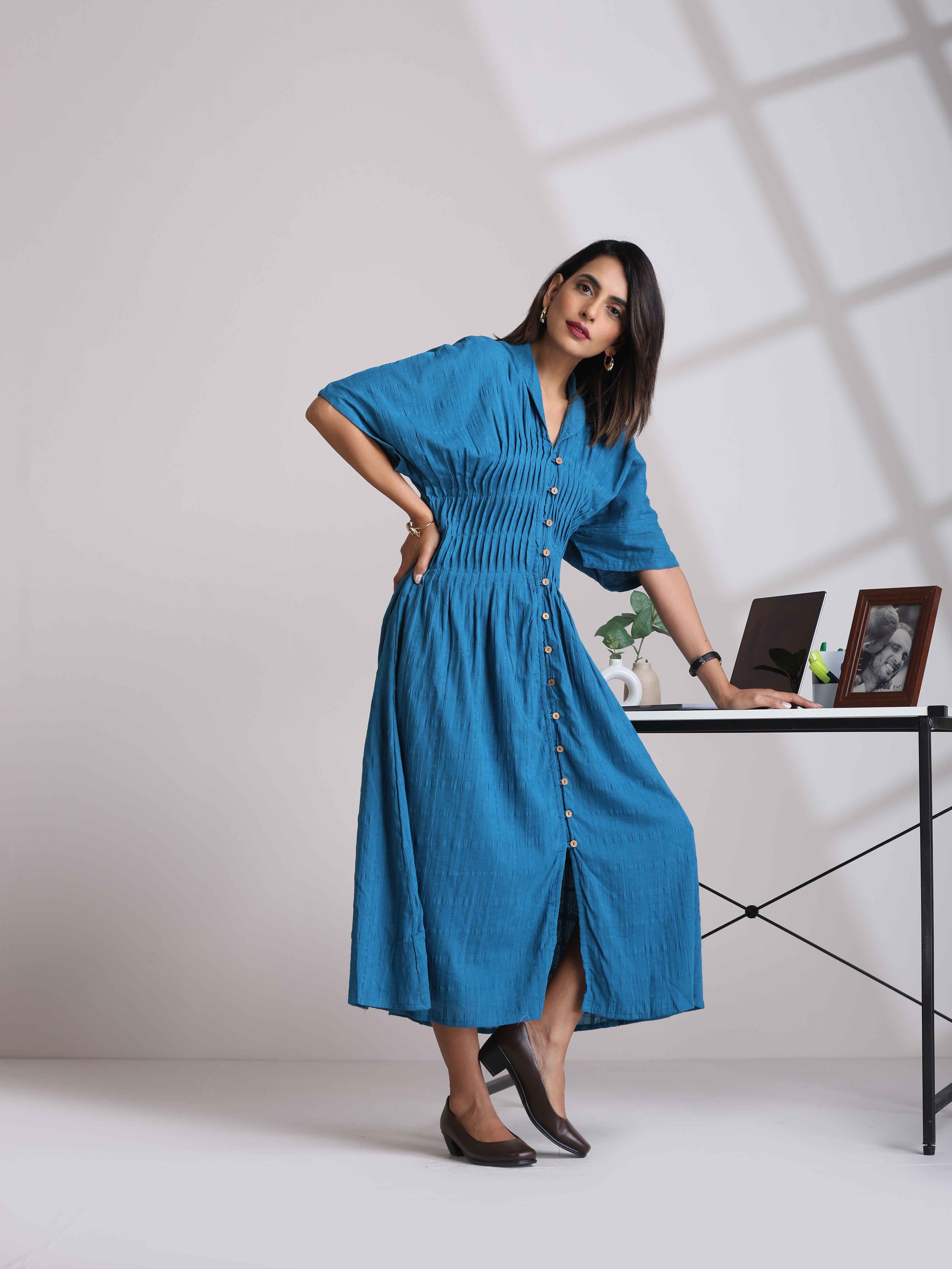 trueBrowns Blue Cotton Dobby Dress