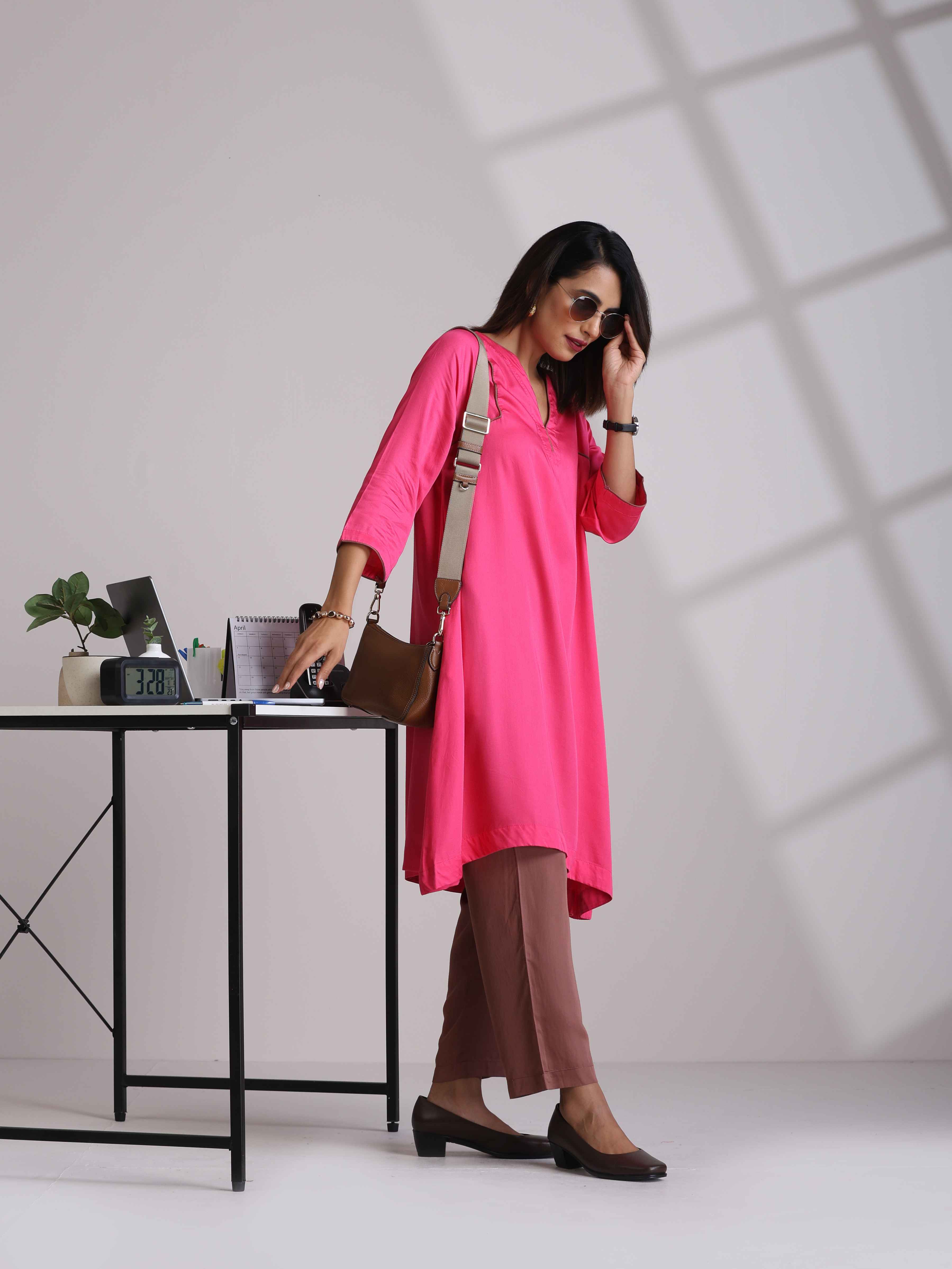 trueBrowns Pink Modal Kimono Kurta Co-ord Set