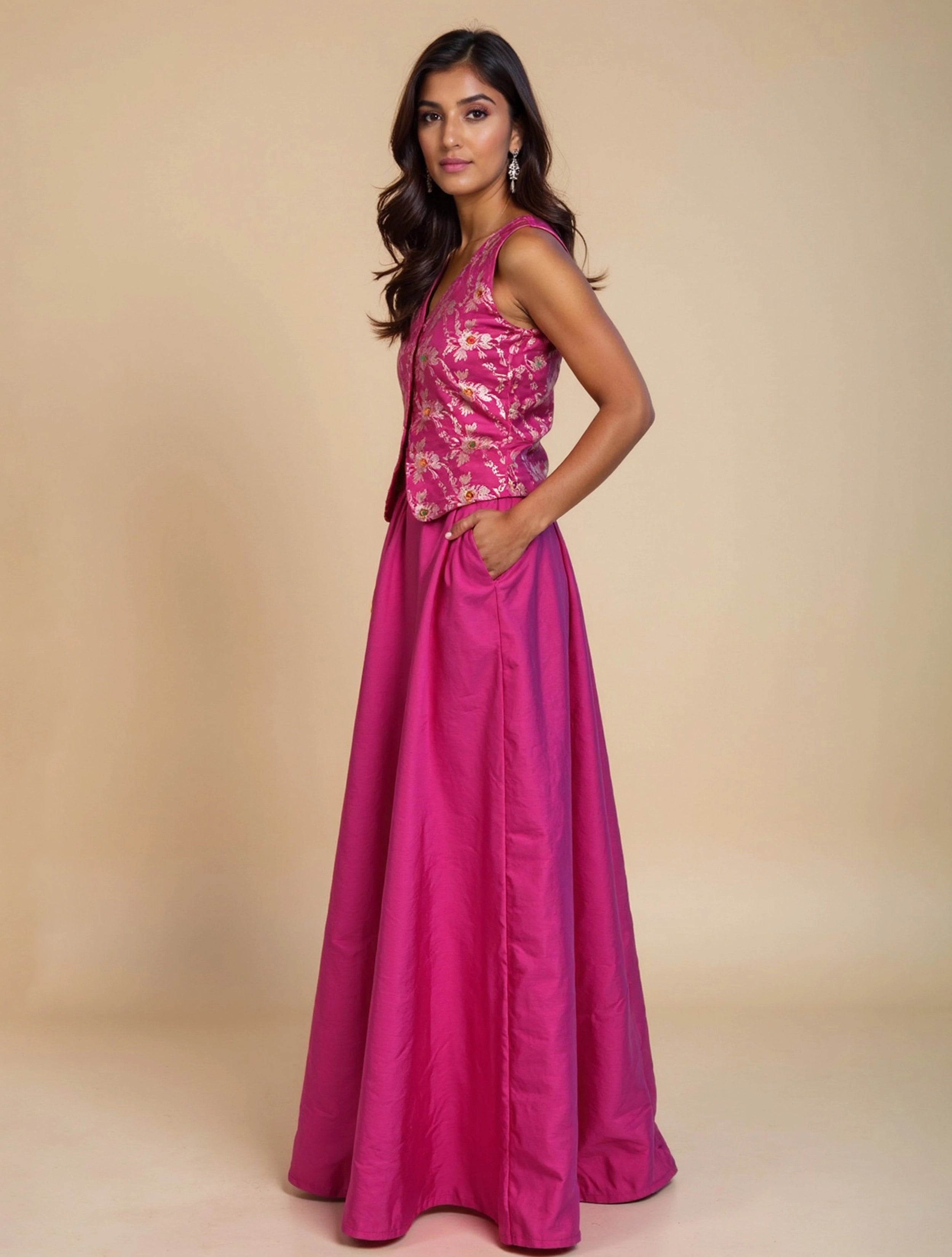 trueBrowns Pink Brocade Jacket Skirt Co-ord Set