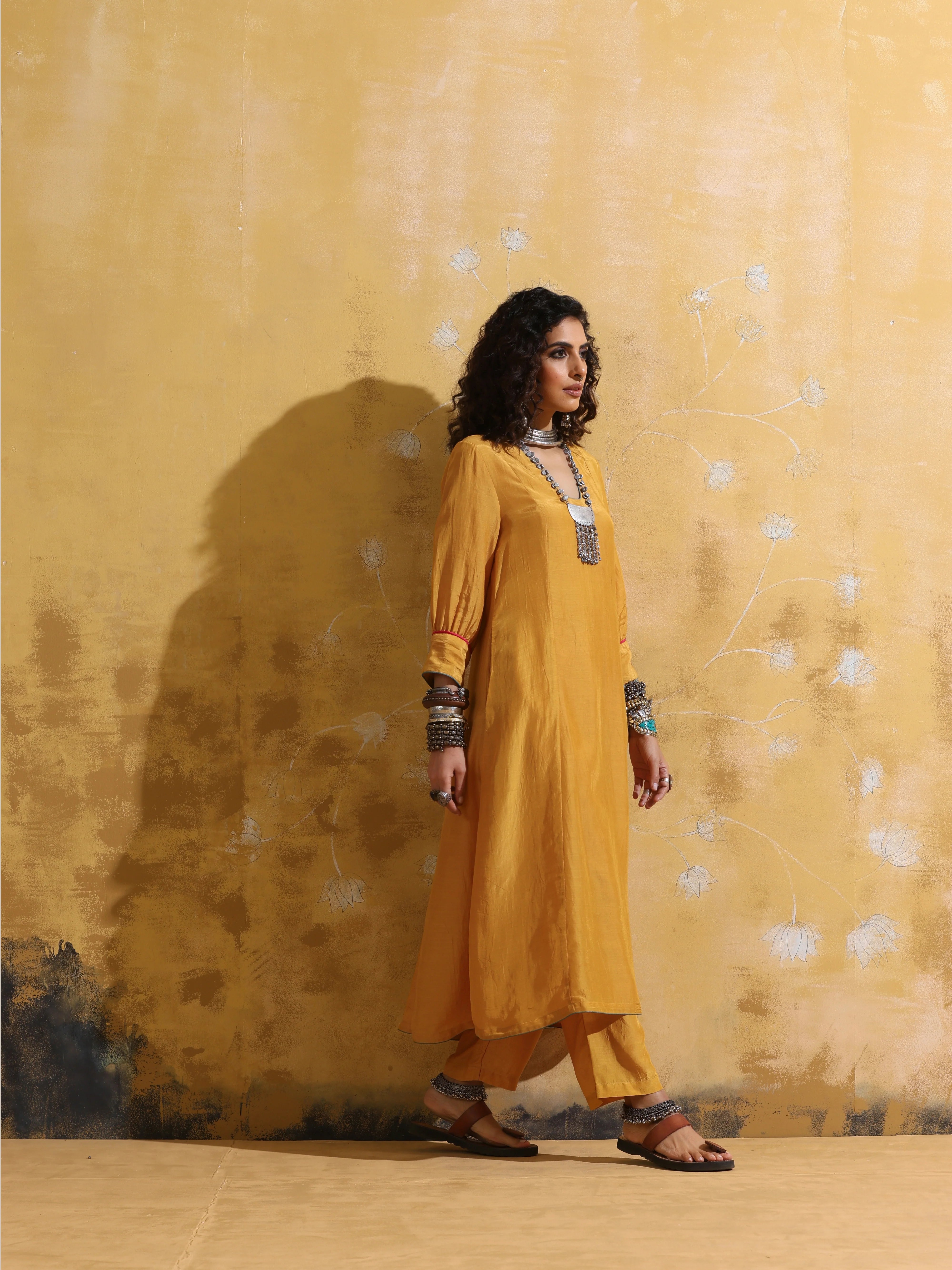 trueBrowns Mustard Muslin Silk A-line Kurta Pant Set
