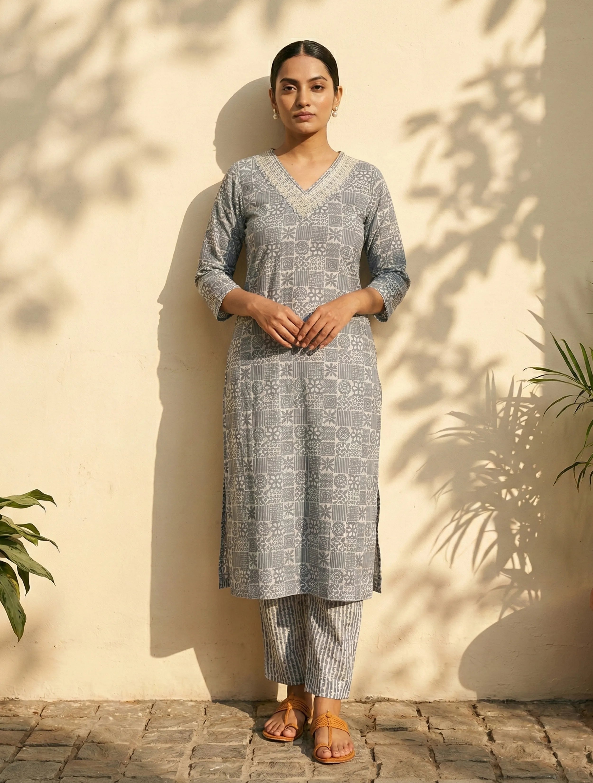 trueBrowns Grey Print Embroidered Straight Kurta Pant Dupatta Set