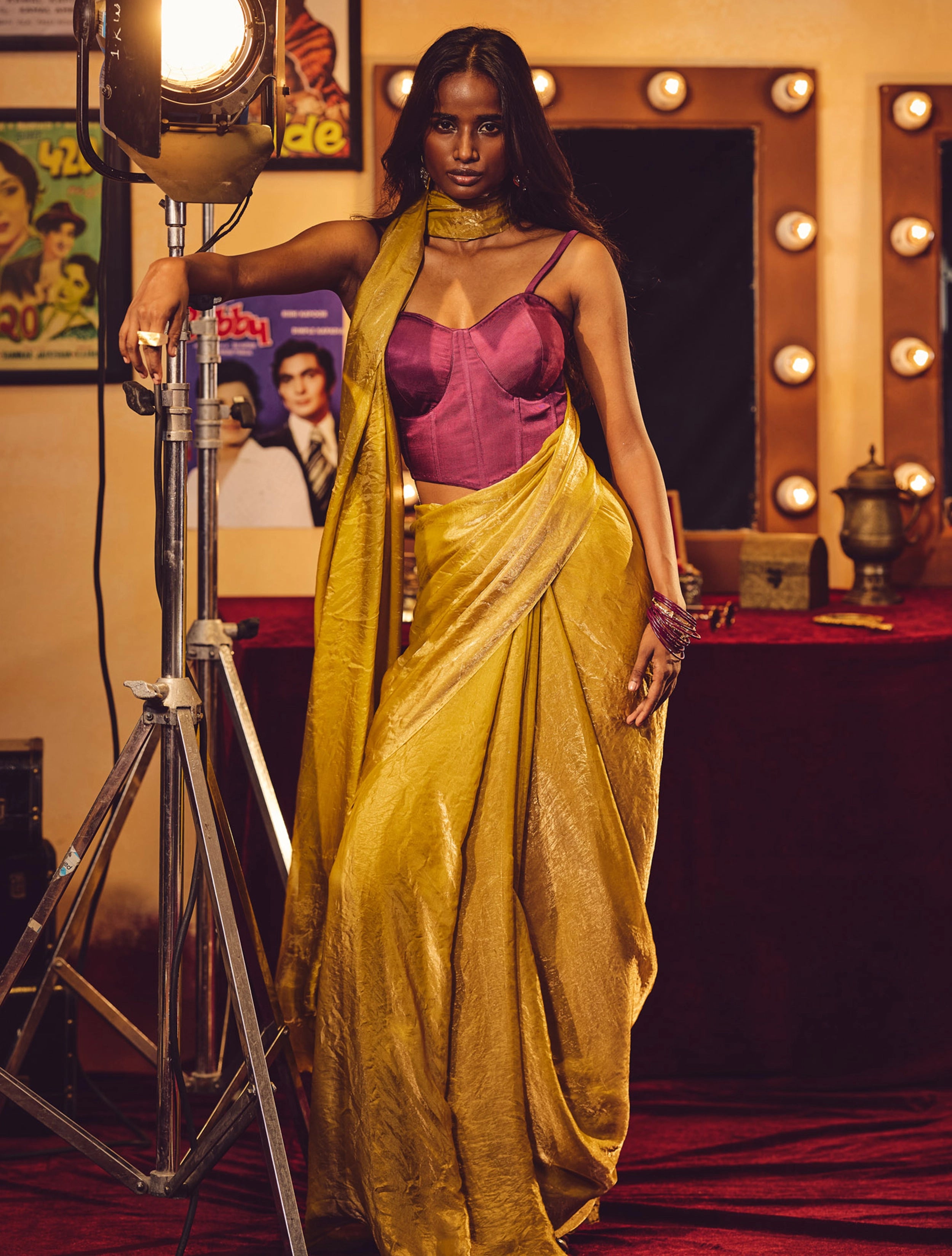 trueBrowns Gold Tissue Saree With Unstitched Blouse