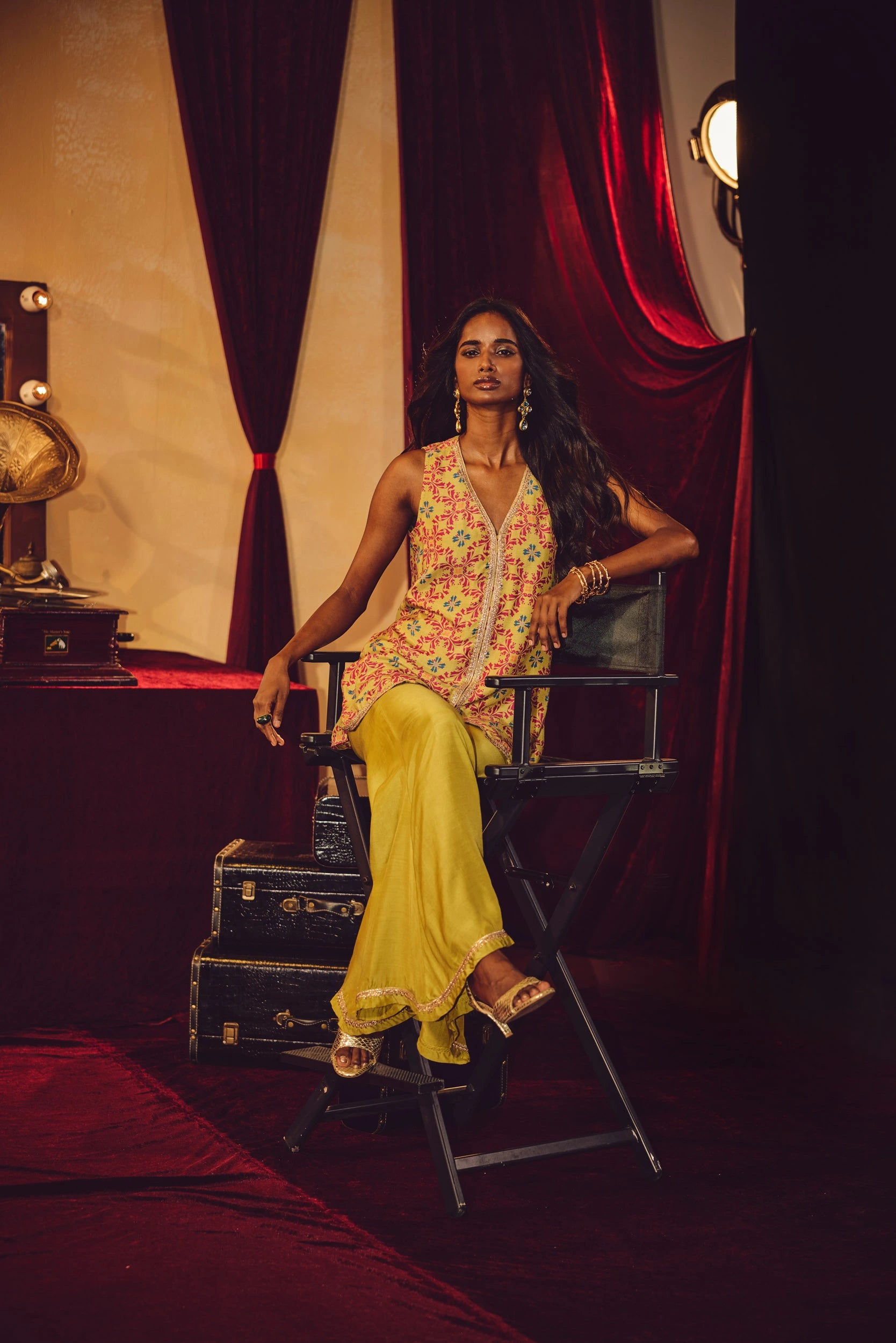 trueBrowns Light Green Pink Jaal Print Viscose Jacket and Flared Pants Co-ord Set