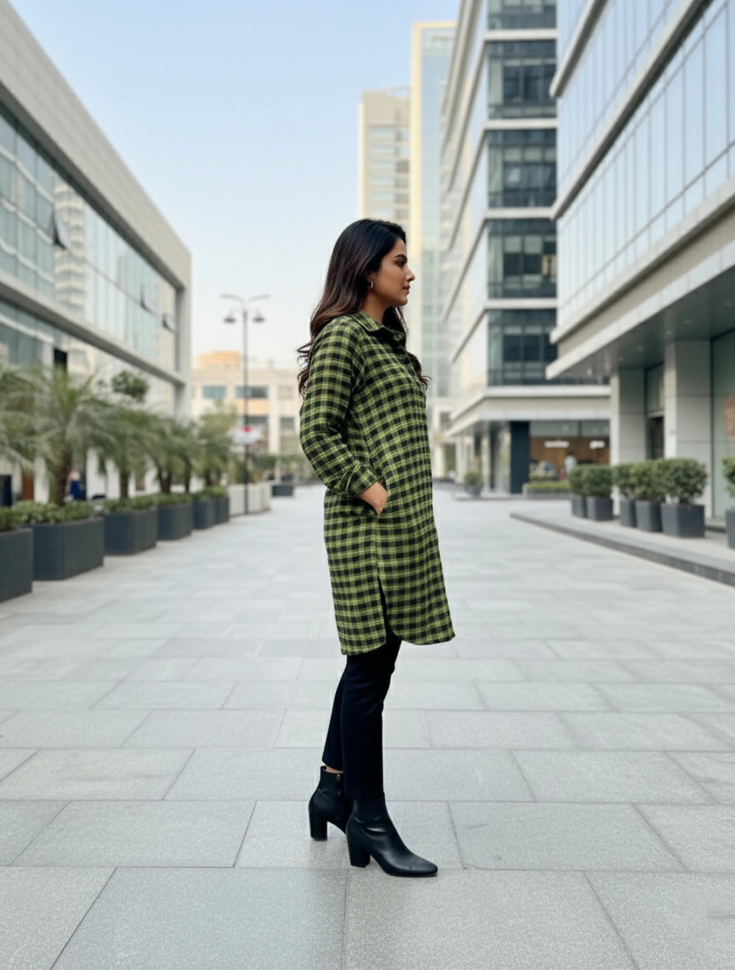 trueBrowns Green Black Check Woollen Top