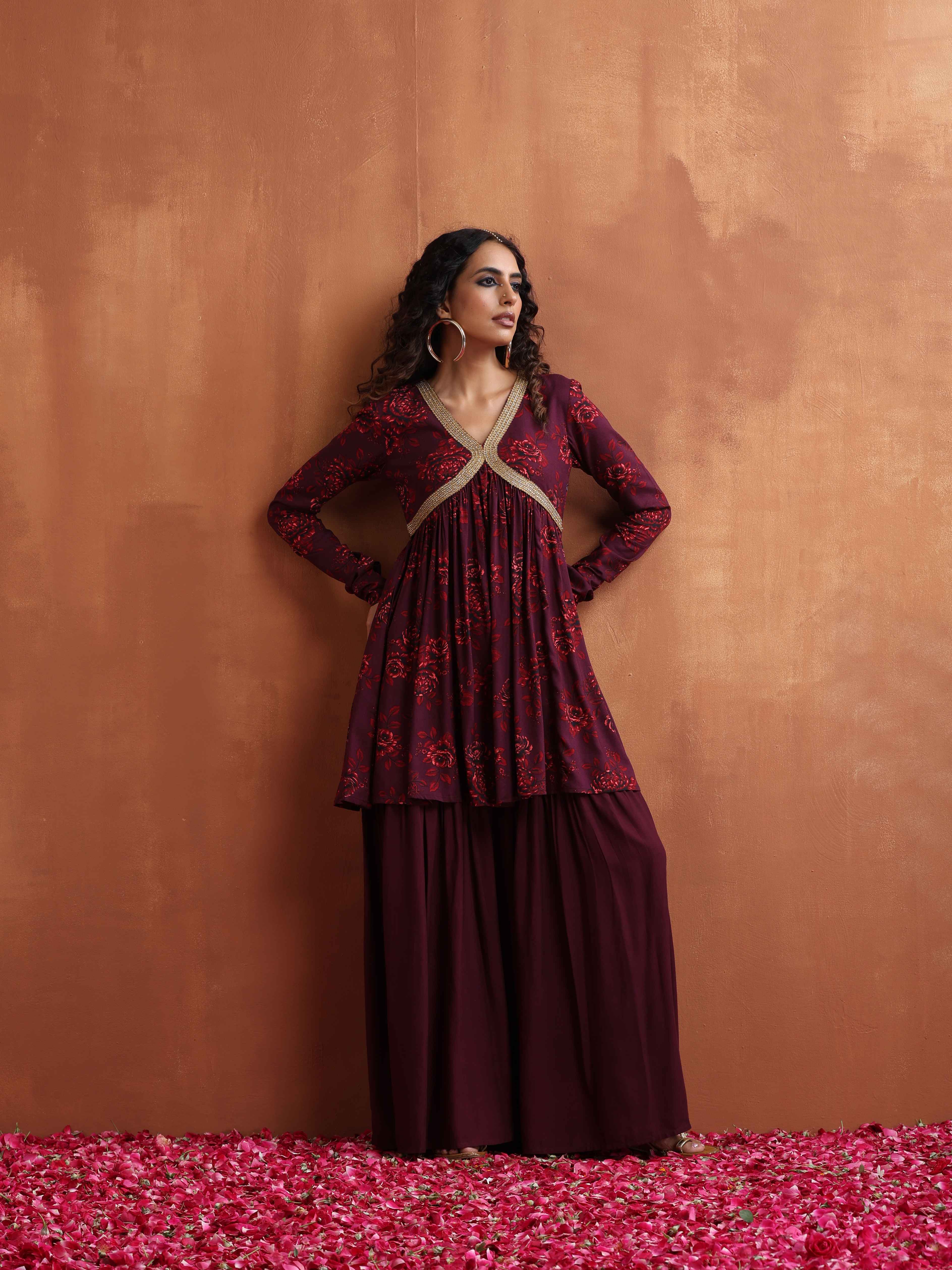 trueBrowns Purple Floral Print Sharara Set