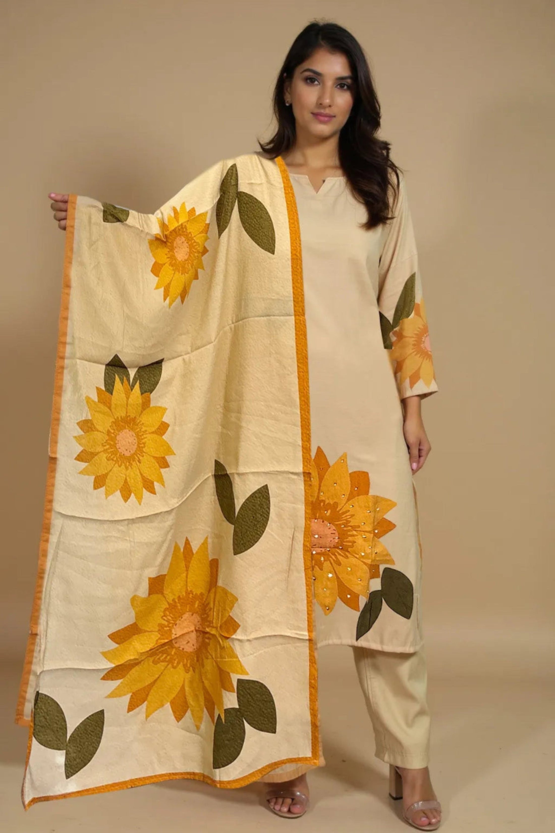 trueBrowns Beige Sunflower Print Kurta Pant Dupatta Set