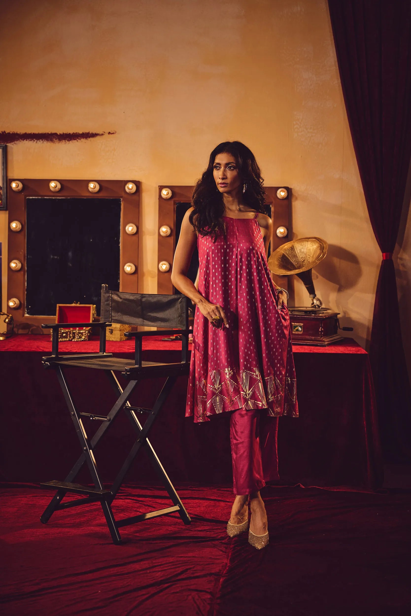 trueBrowns Pink Gold Foil Print Muslin Silk Flared Kurta Set