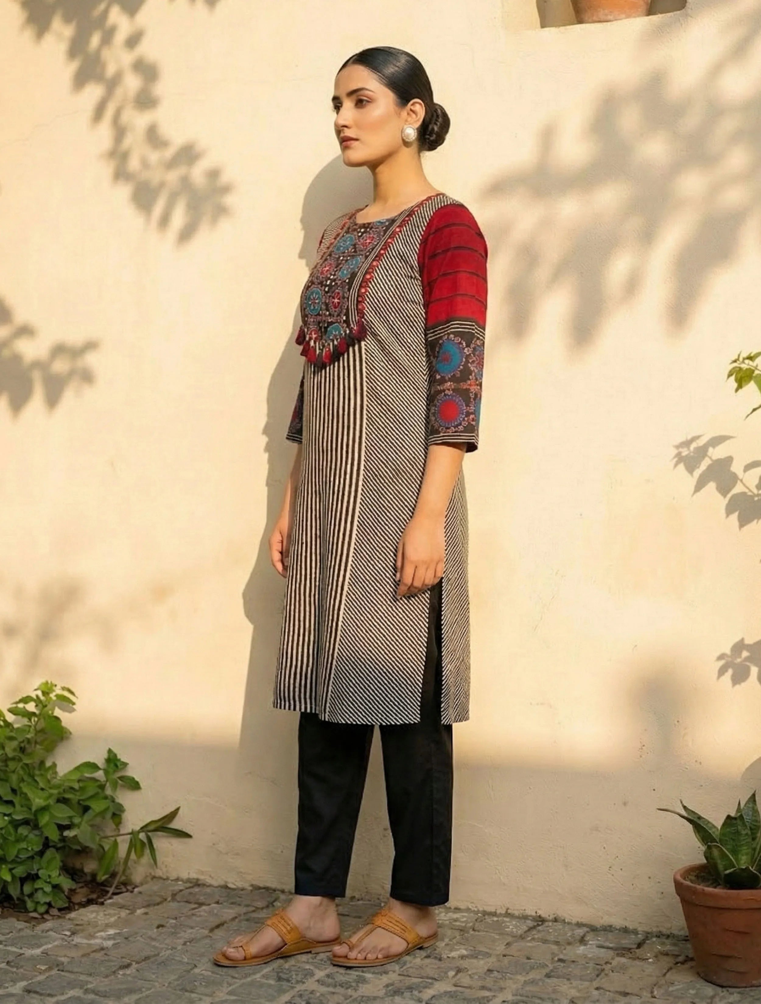 trueBrowns Black Stripe Print Embroidered Kurta Pant Dupatta Set