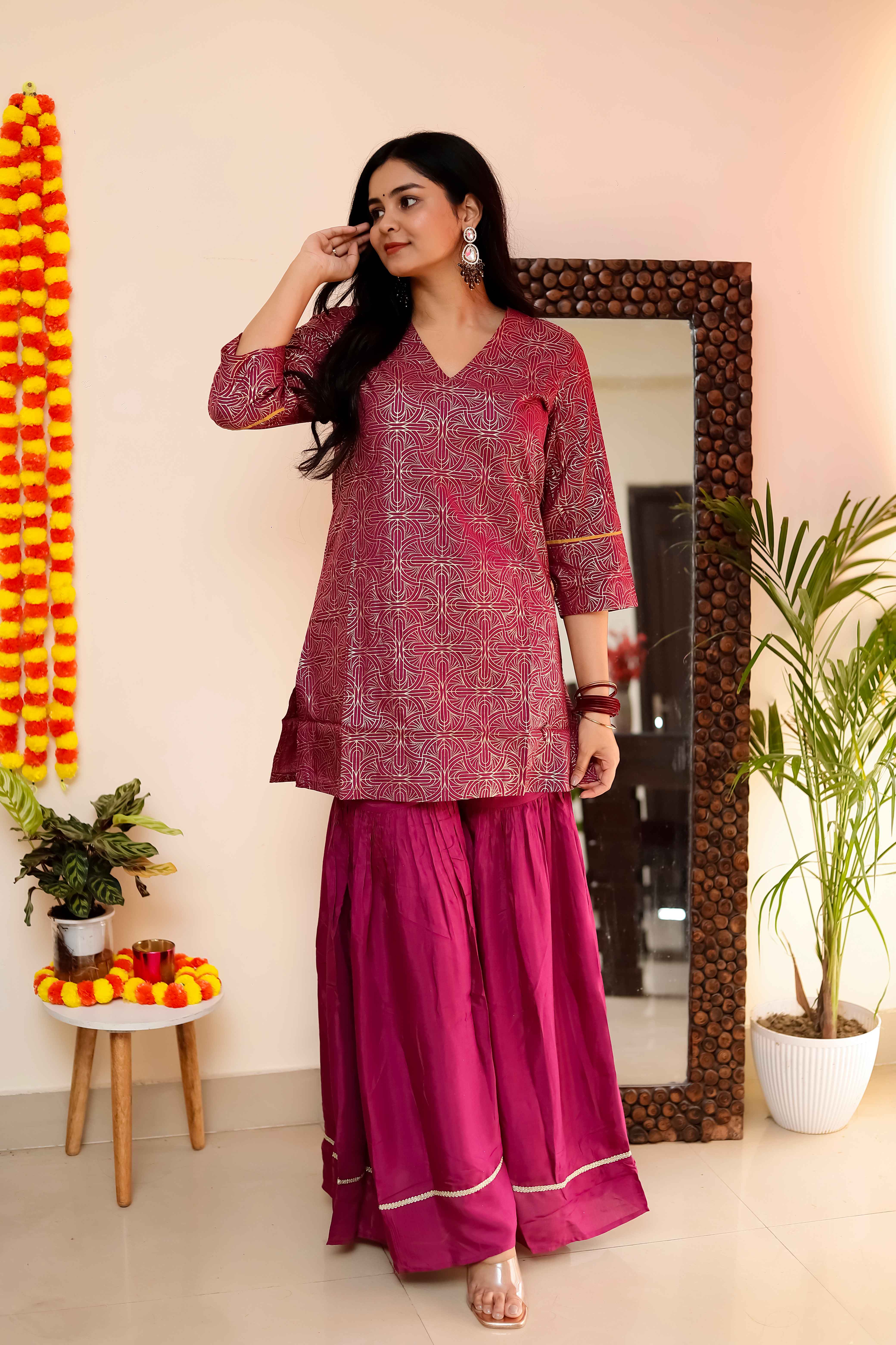 trueBrowns Magenta Gold Foil Print Muslin Silk Sharara Set