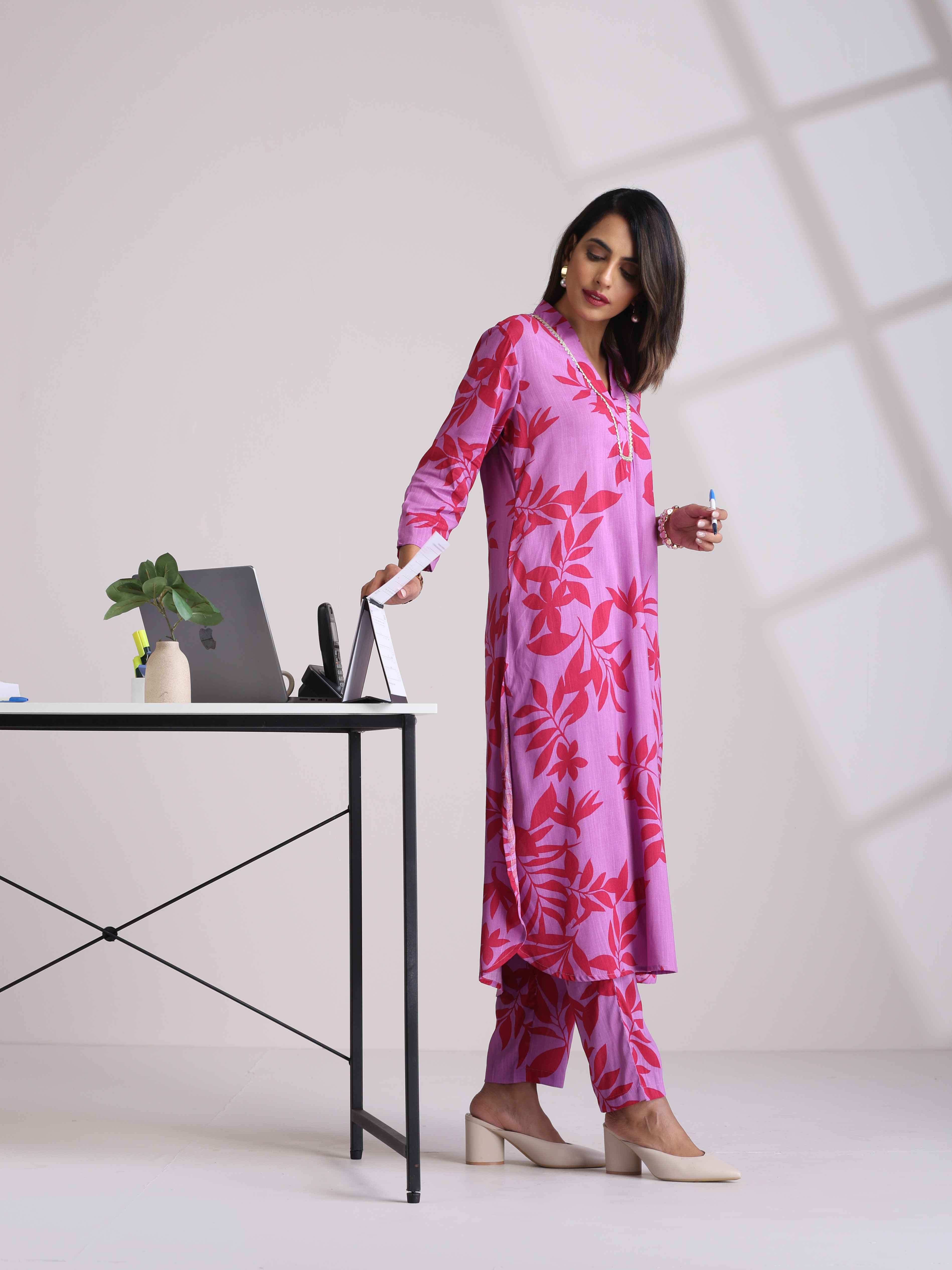 trueBrowns Purple Print Straight Kurta Set