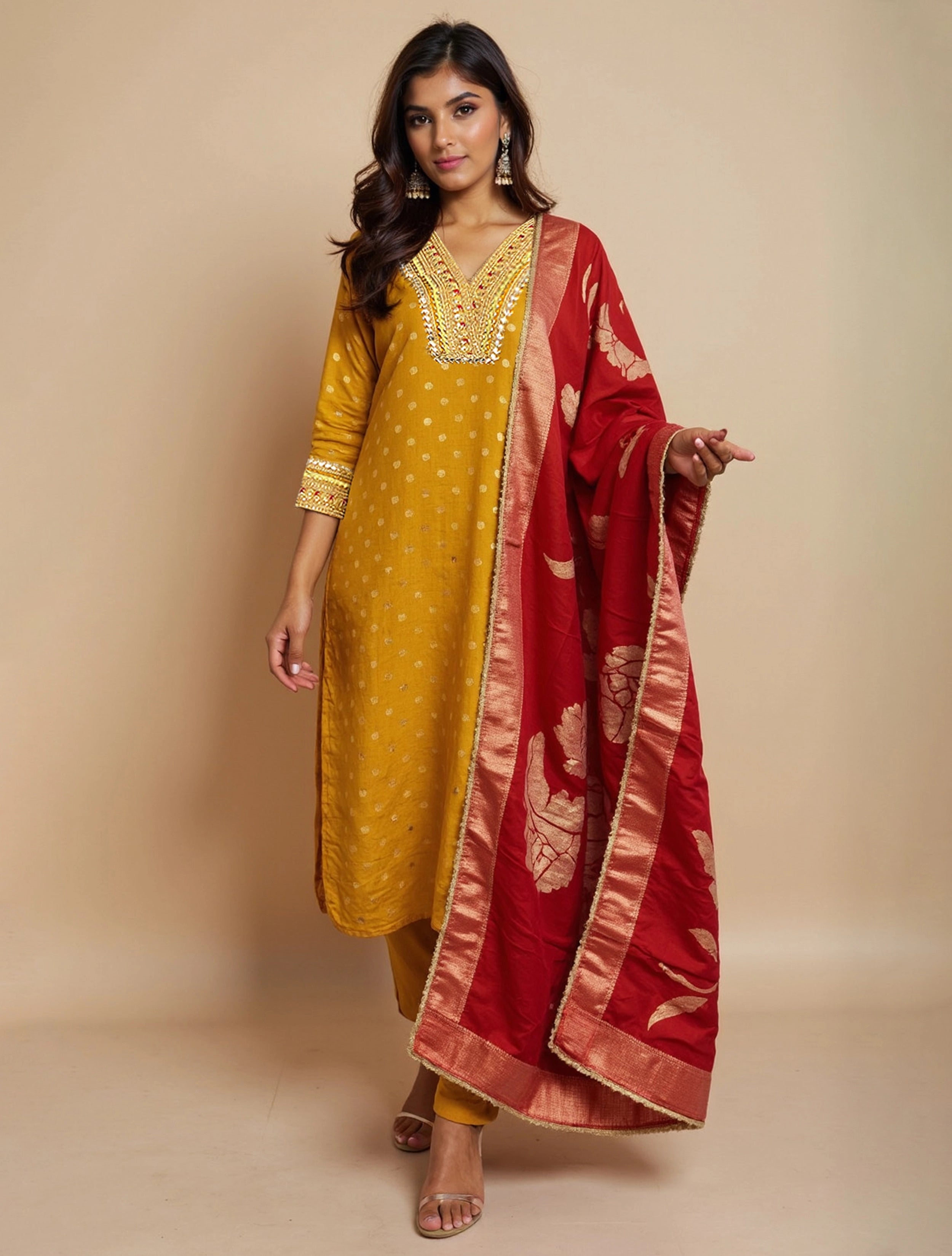 trueBrowns Yellow Jacquard Straight Kurta Pant Dupatta Set