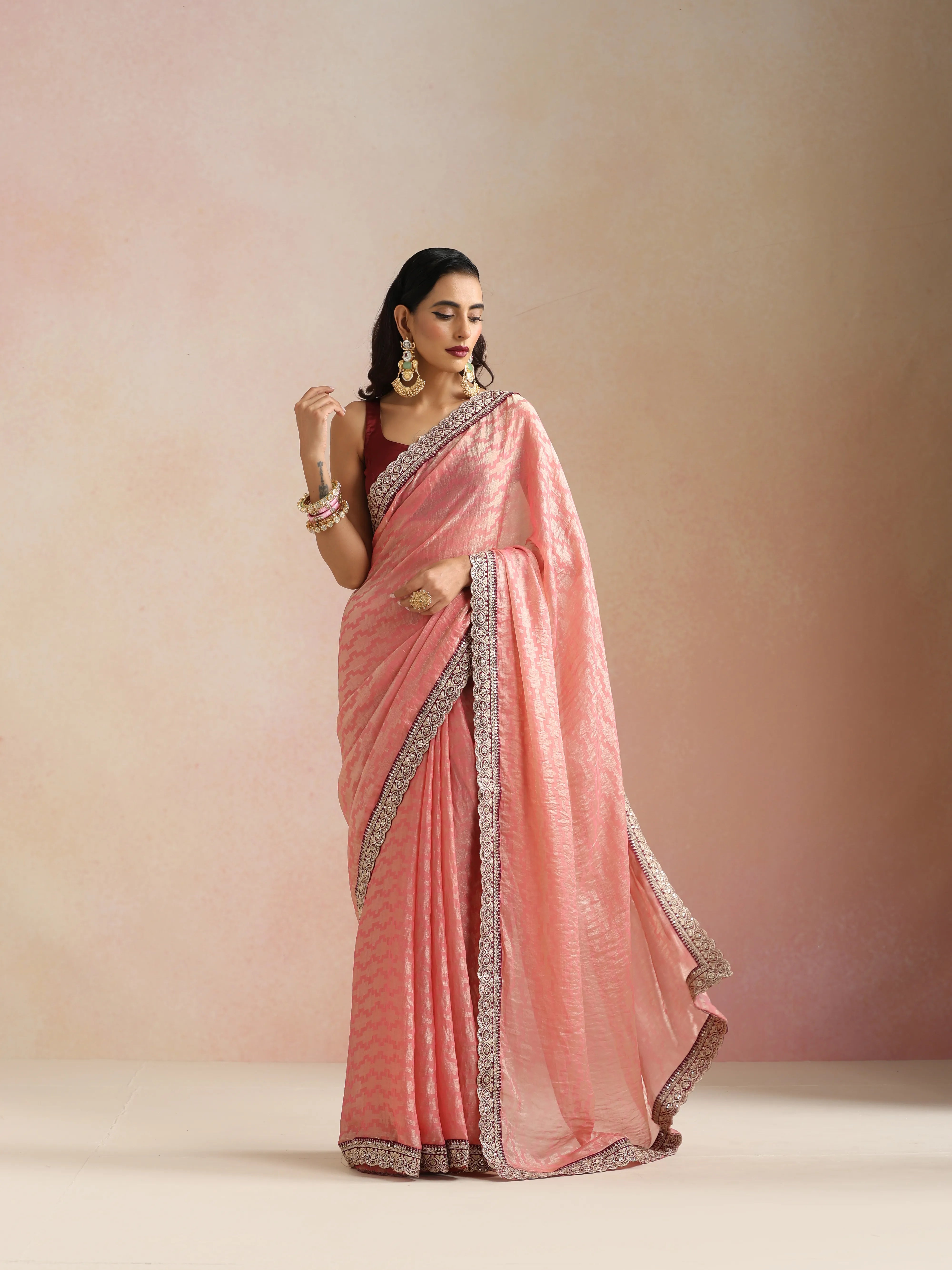 trueBrowns Peach Geometric Weave Saree With Unstitched Blouse