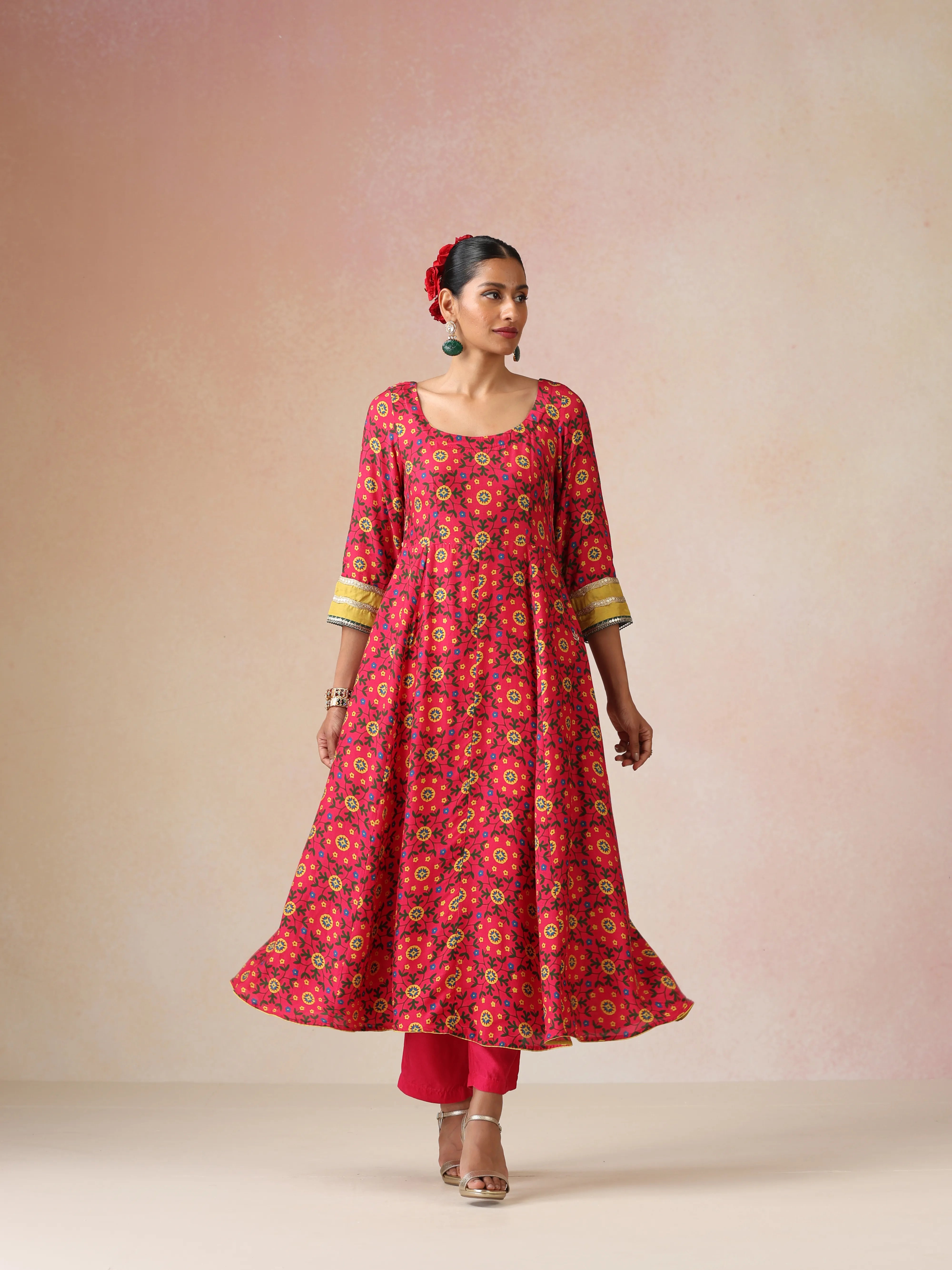 trueBrowns Pink Green Floral Print Viscose Anarkali Kurta Pants Dupatta Set