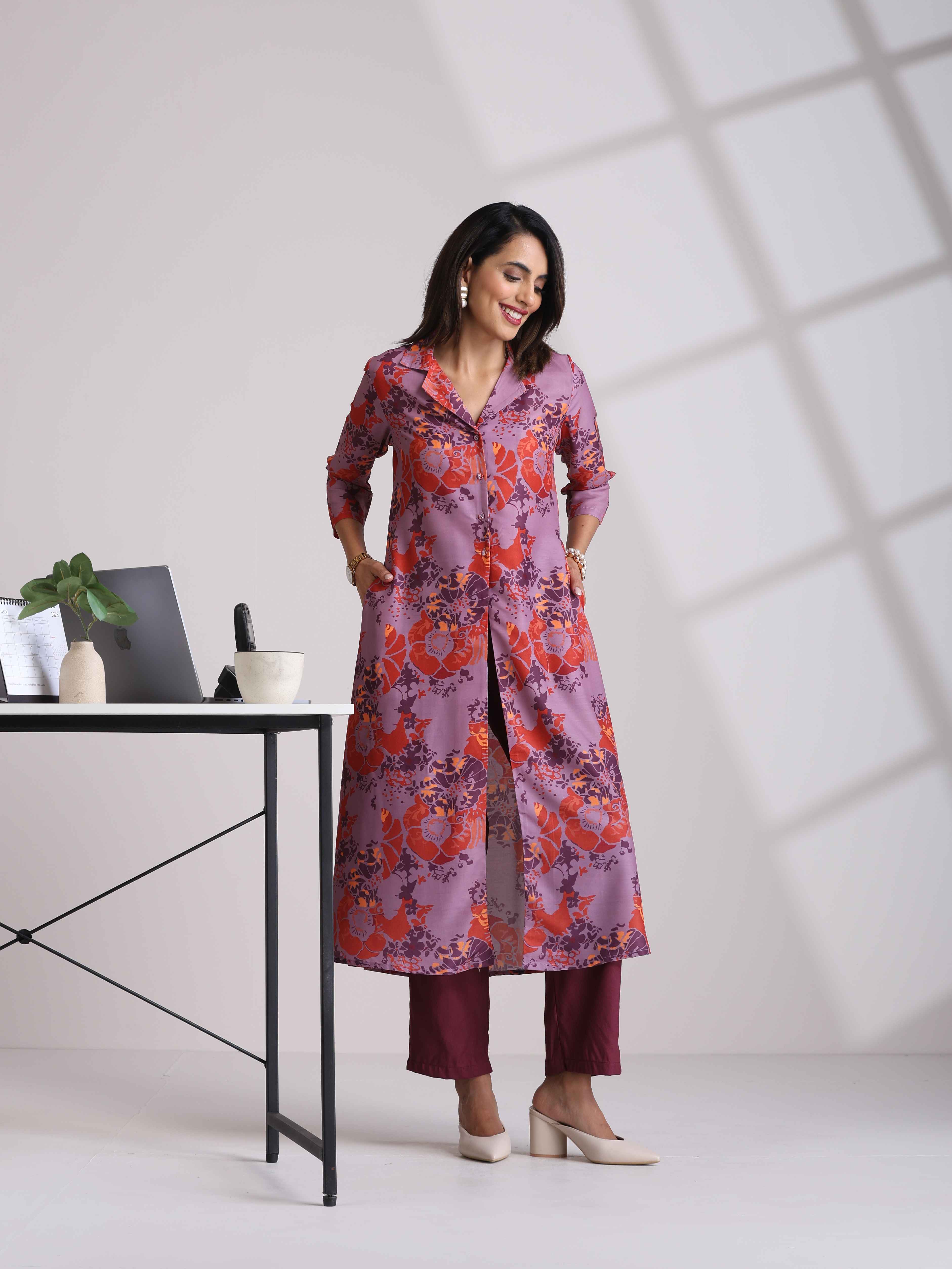 trueBrowns Purple Print Shirt Kurta Set