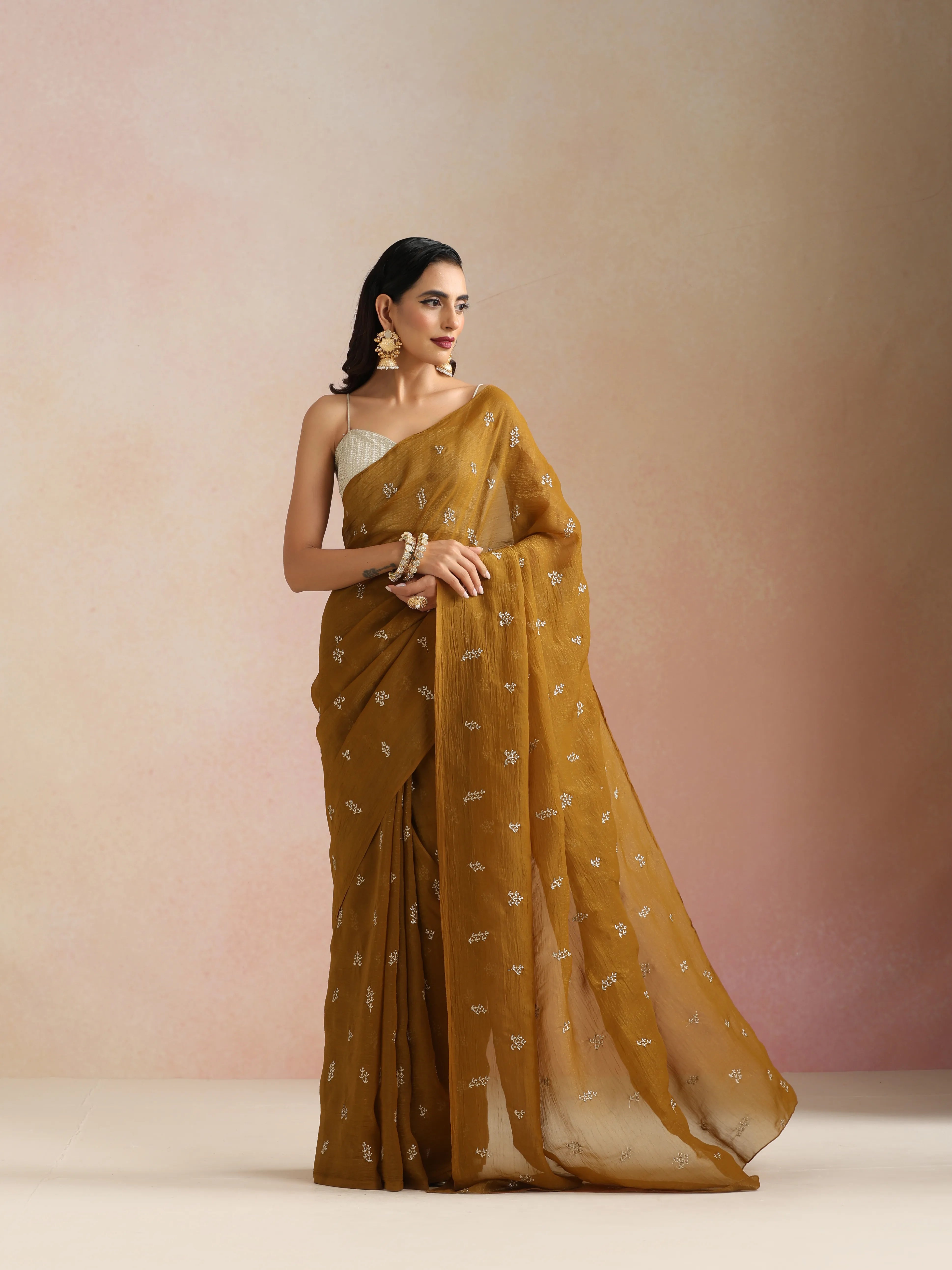trueBrowns Bronze All Over Embroidered Saree With Unstitched Blouse