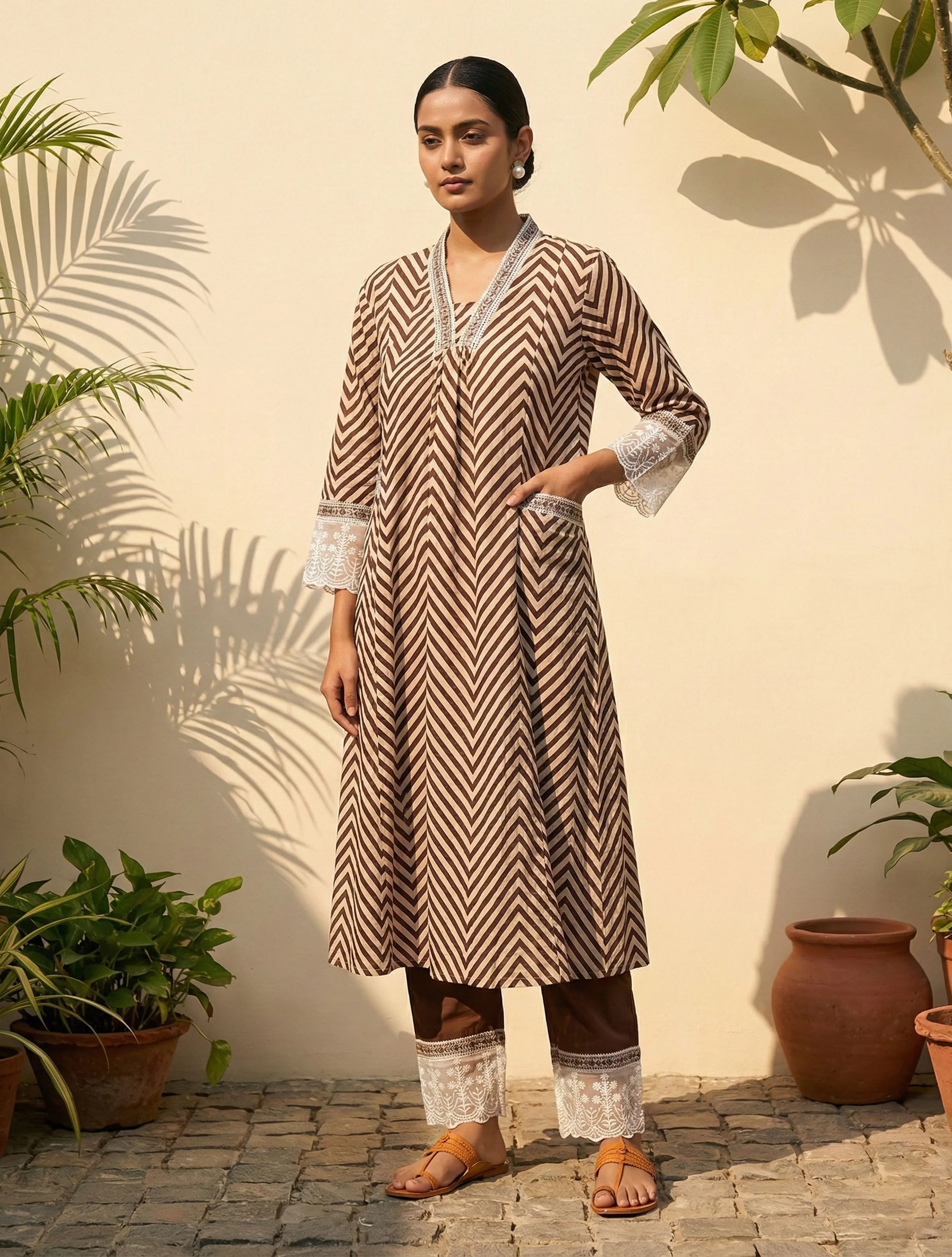 trueBrowns Brown Chevron Print Kurta Pant Dupatta Set