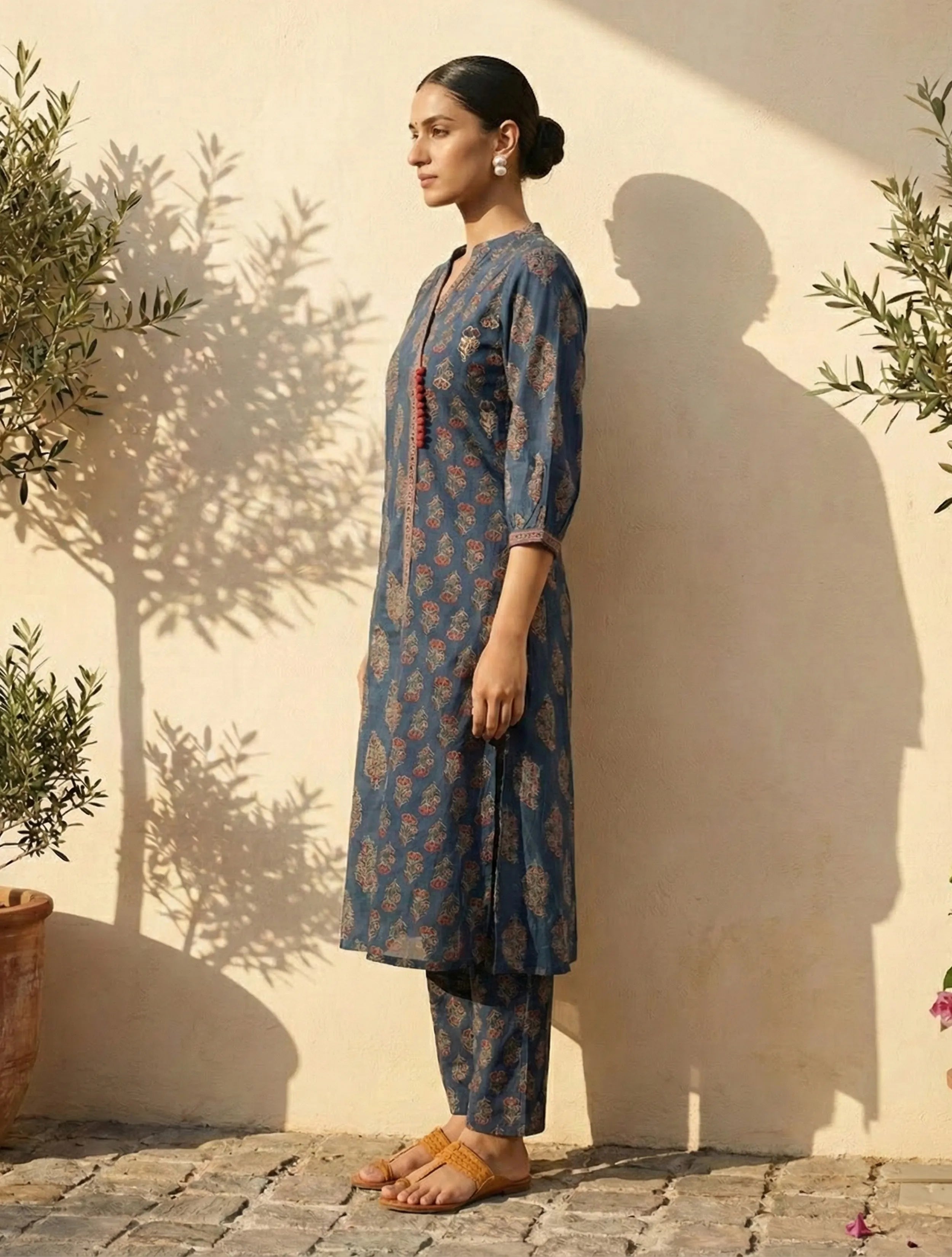 trueBrowns Blue Boota Print Angrakha Kurta Pant Dupatta Set