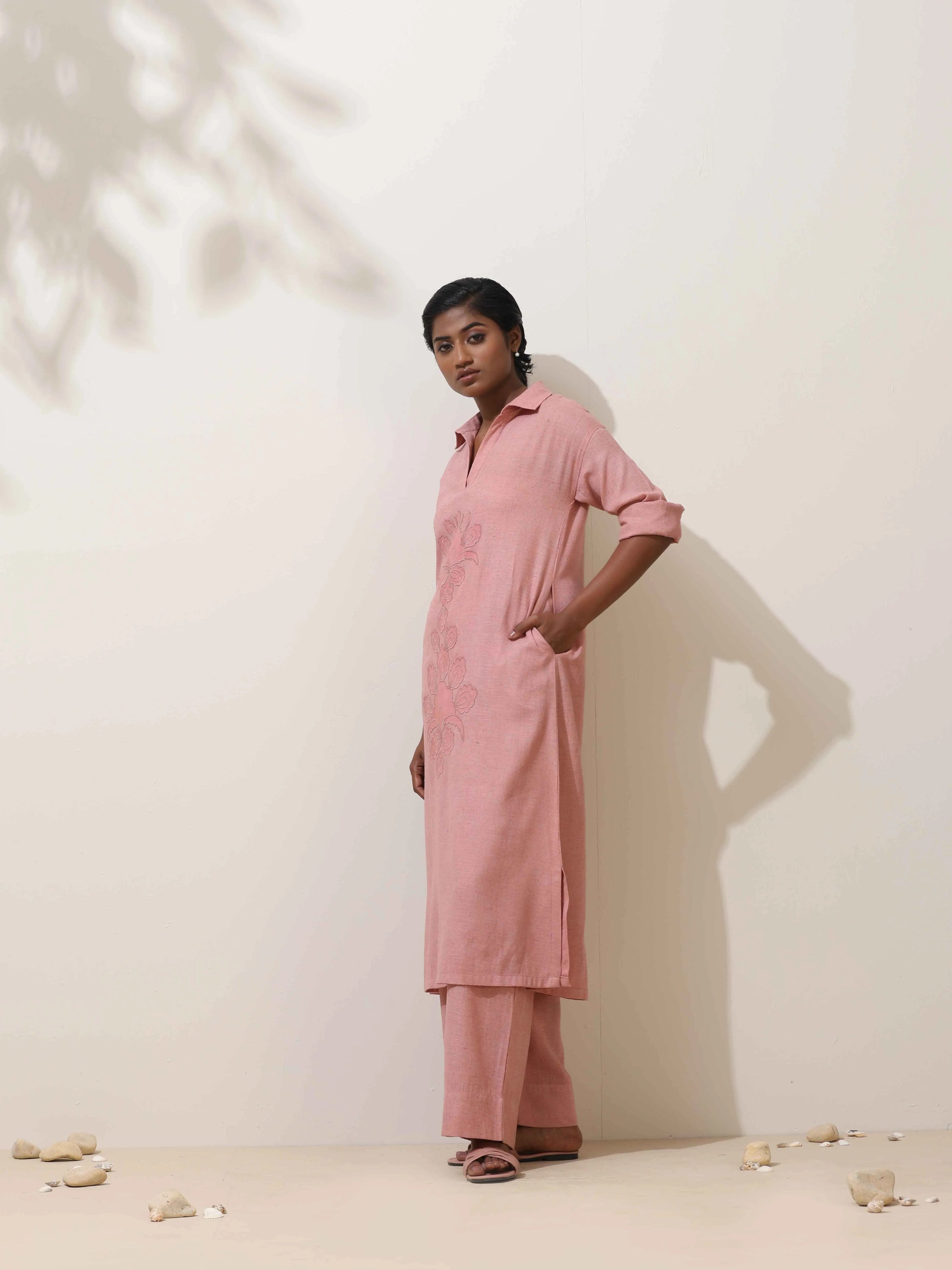 trueBrowns Dalia Pink Embroidered Natural Cotton Kurta Pant Set