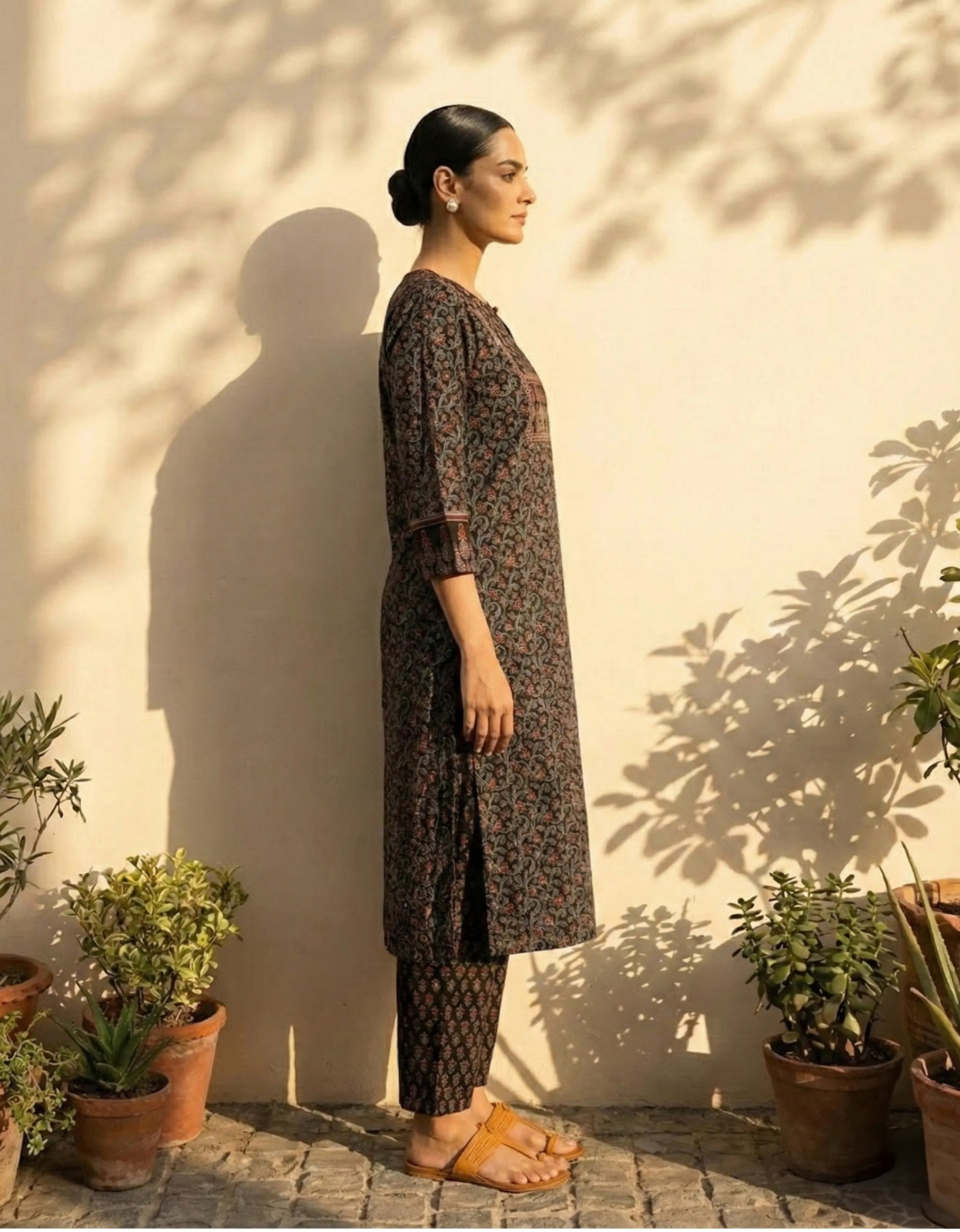 trueBrowns Black Floral Print Straight Kurta Pant Dupatta Set