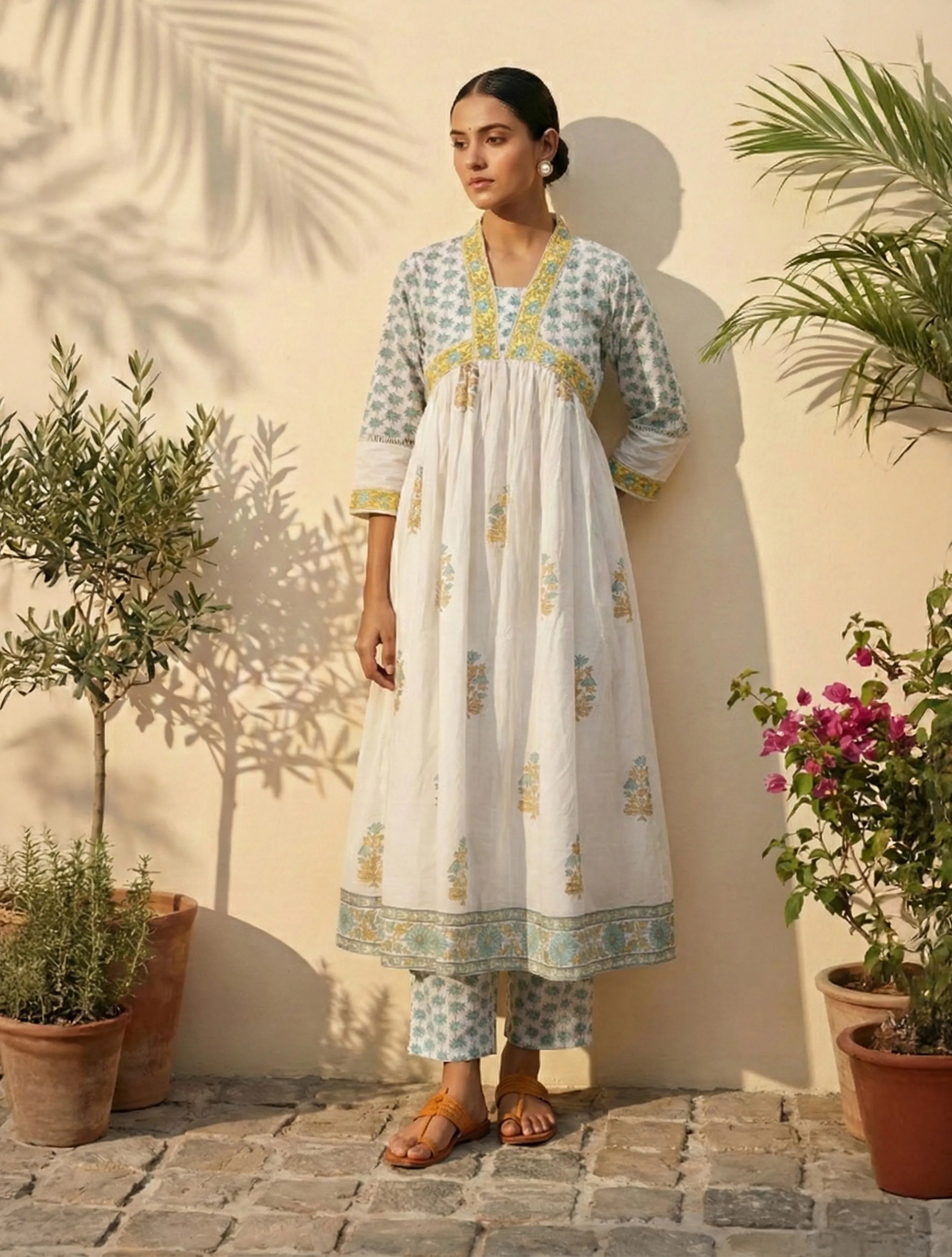 trueBrowns White Yellow Printed Anarkali Kurta Pant Dupatta Set