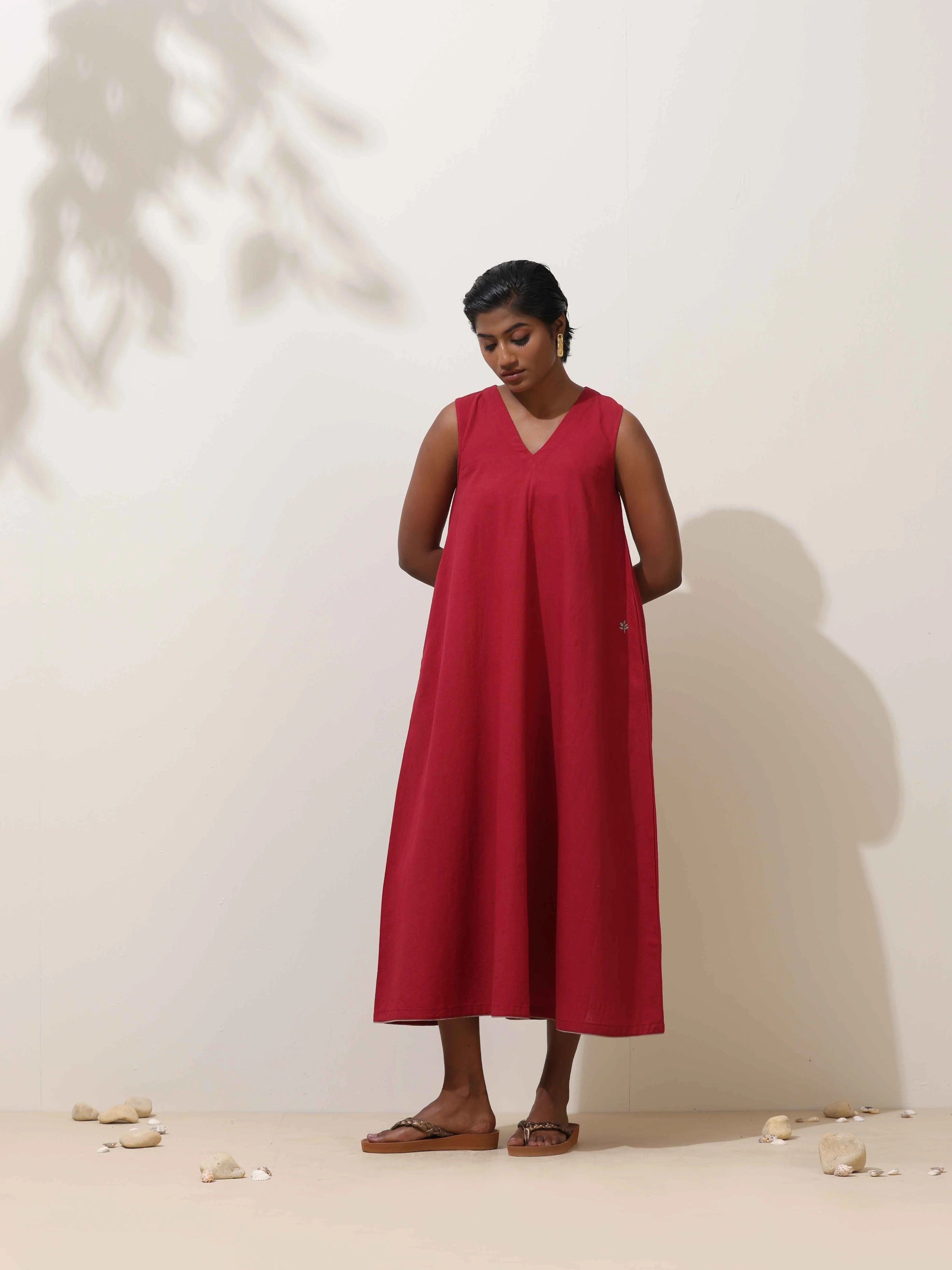 trueBrowns Maroon Cotton Linen Dress
