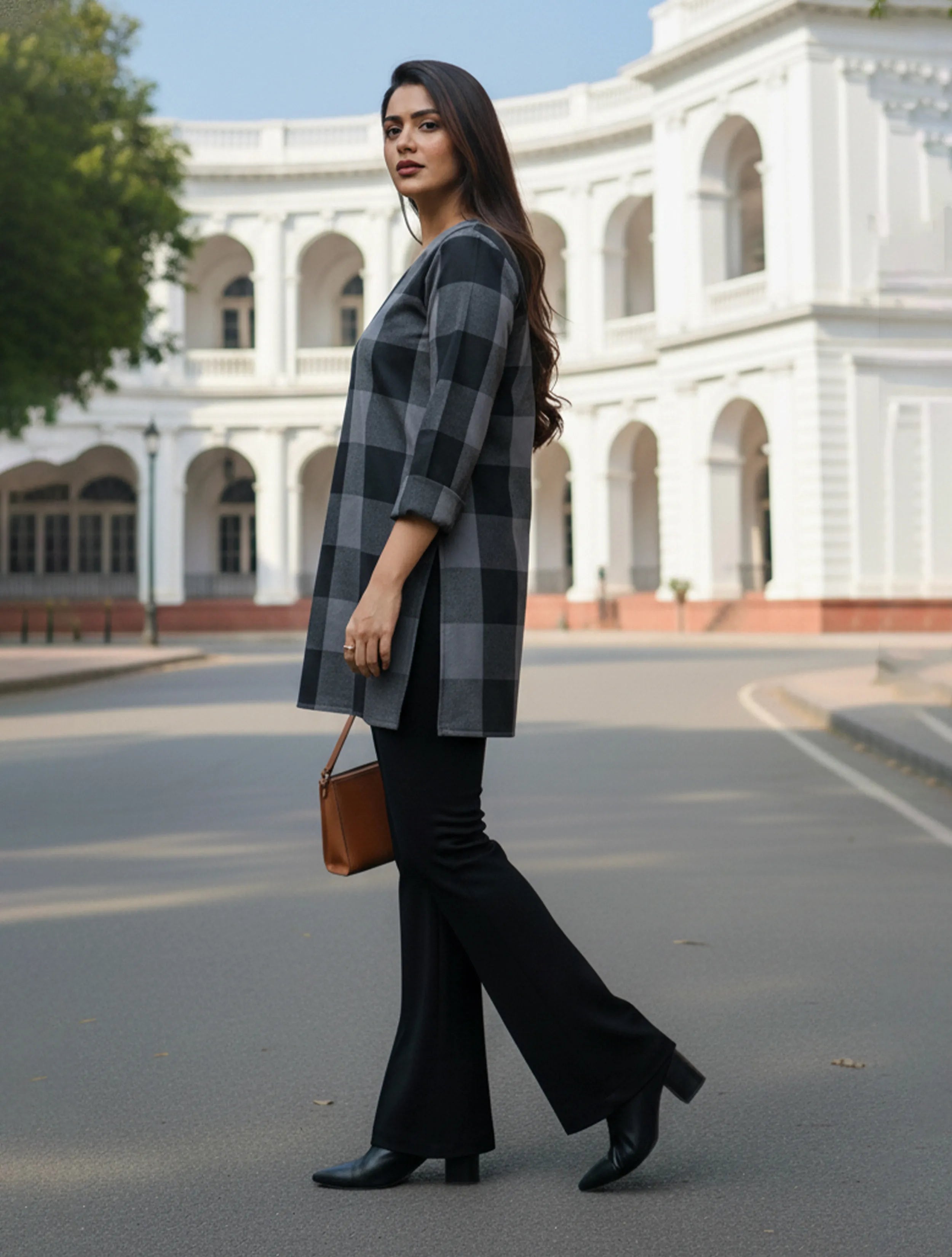 trueBrowns Black Grey Check High-Slit Winter Top