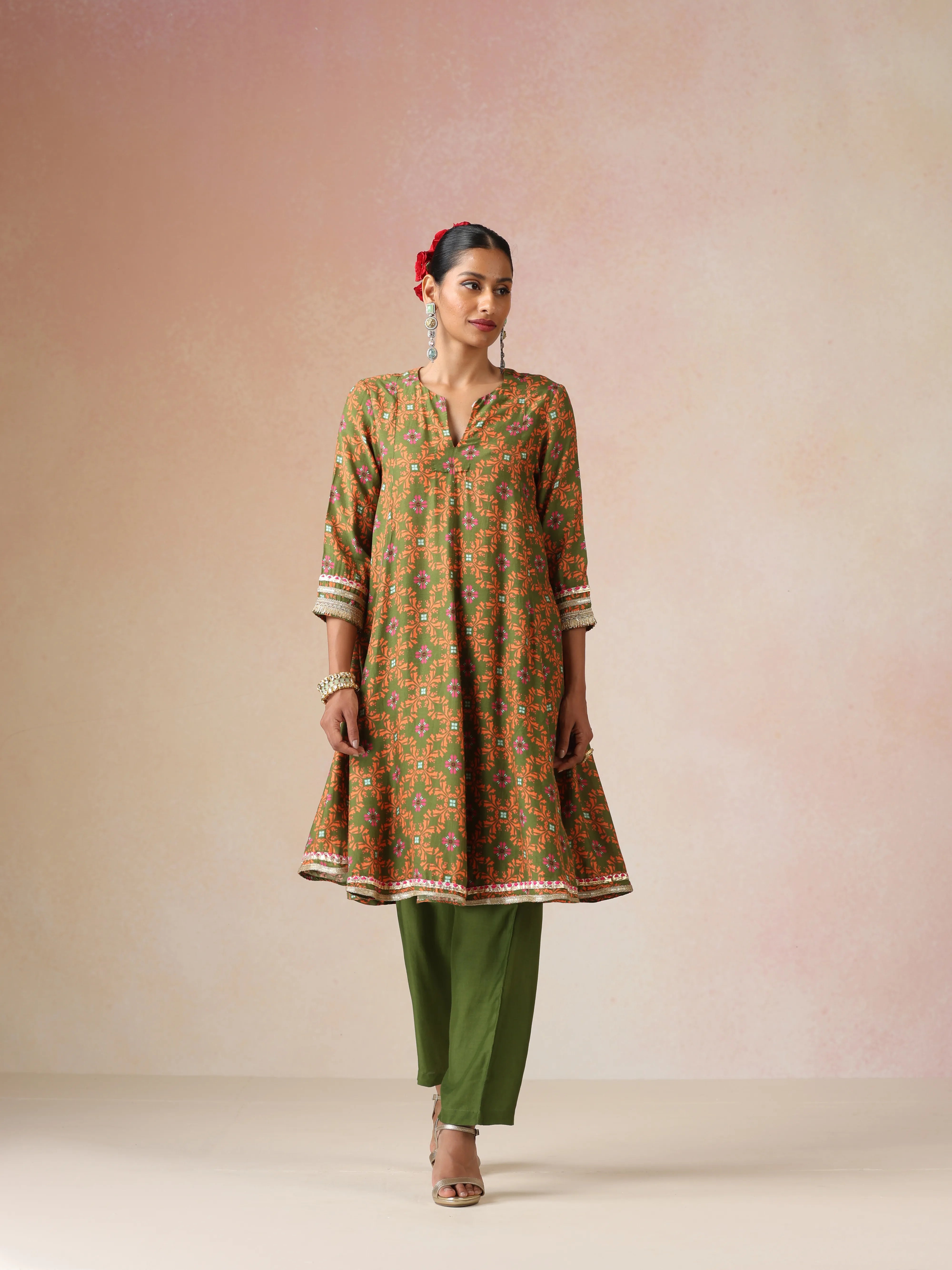 trueBrowns Dark Green Orange Jaal Print Viscose Flared Kurta Co-ord Set