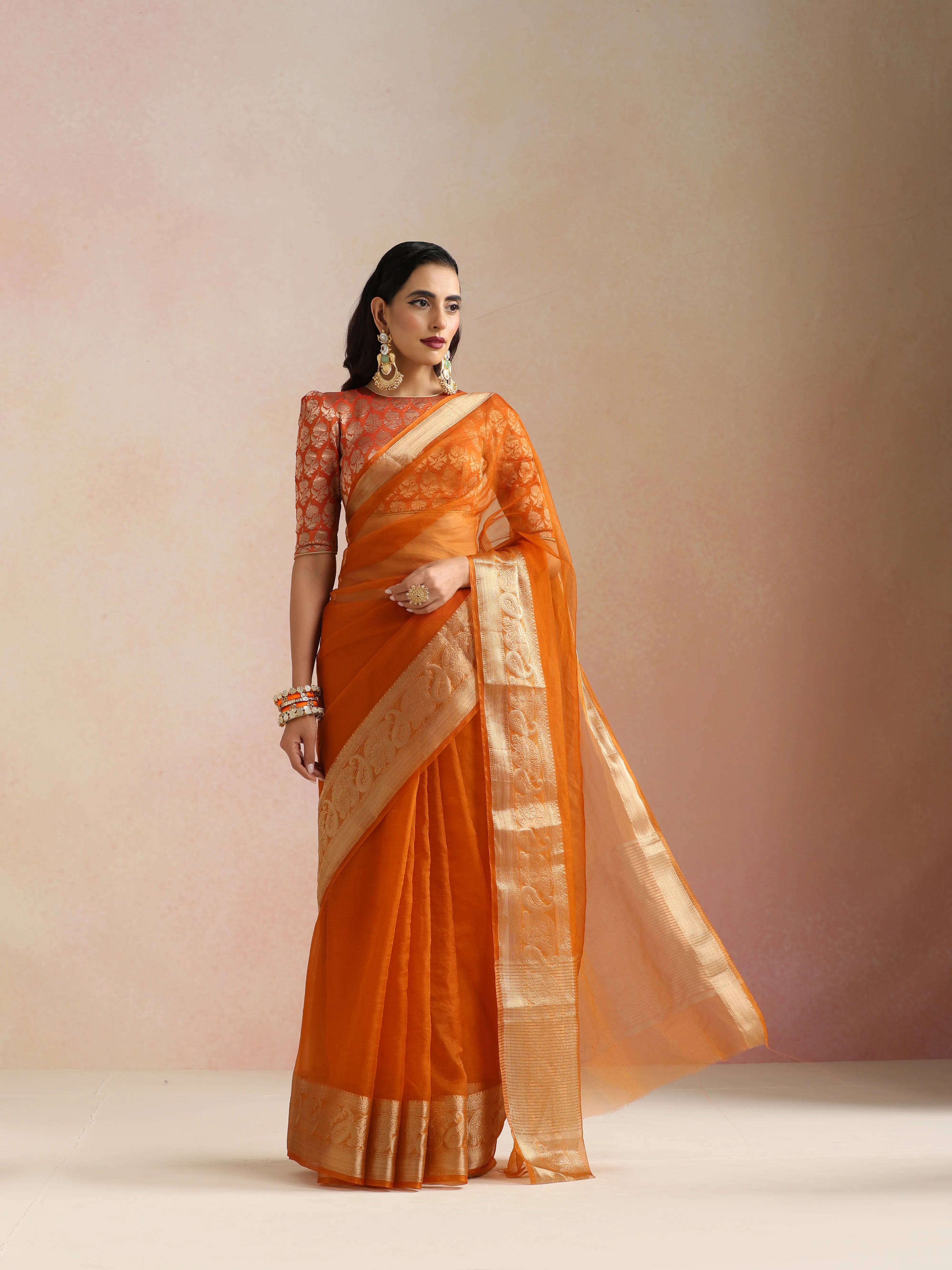 trueBrowns Rust Organza Saree With Unstitched Blouse