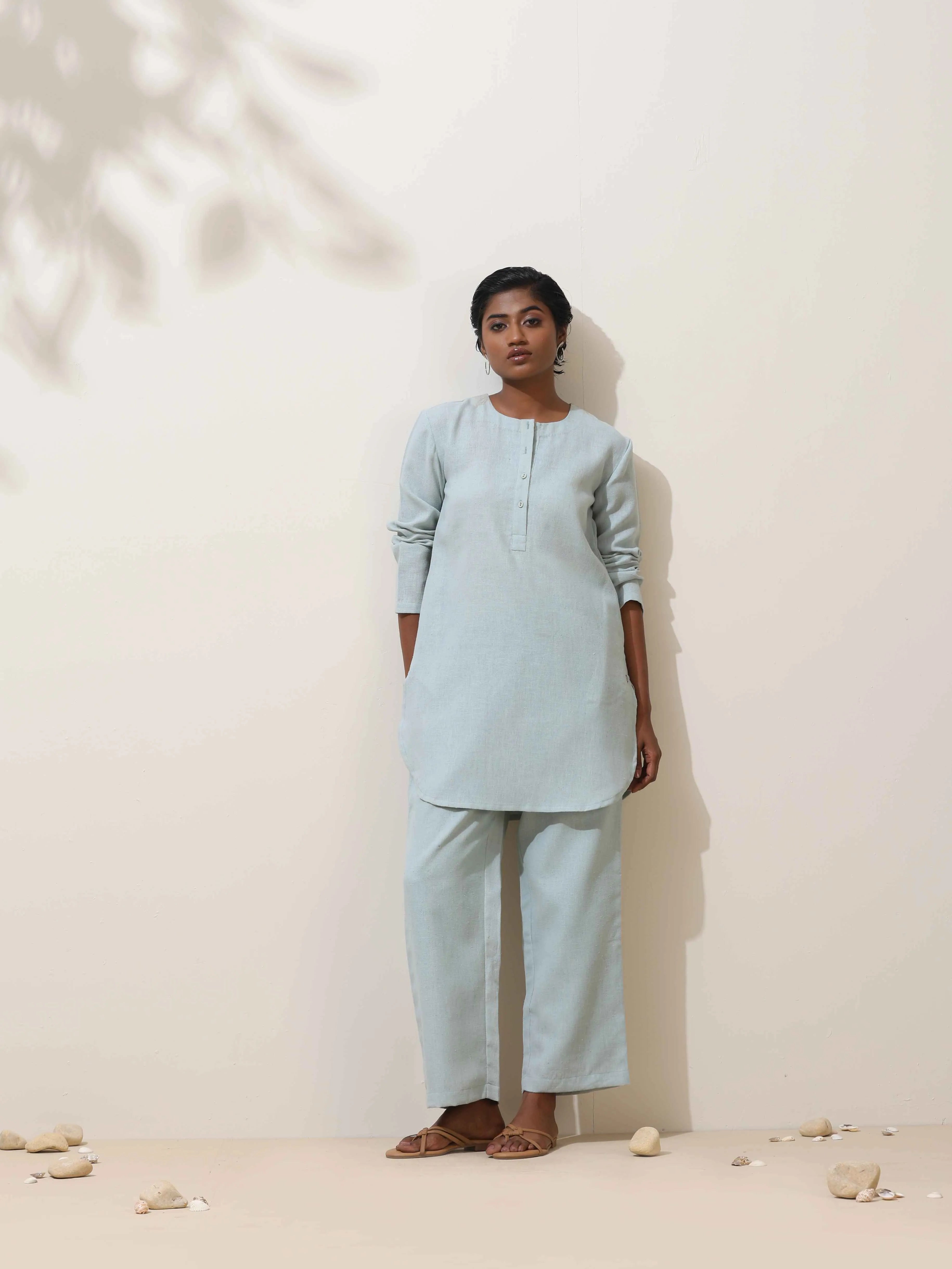 trueBrowns Ciel Blue Crochet Natural Cotton Kurta Co-ord Set