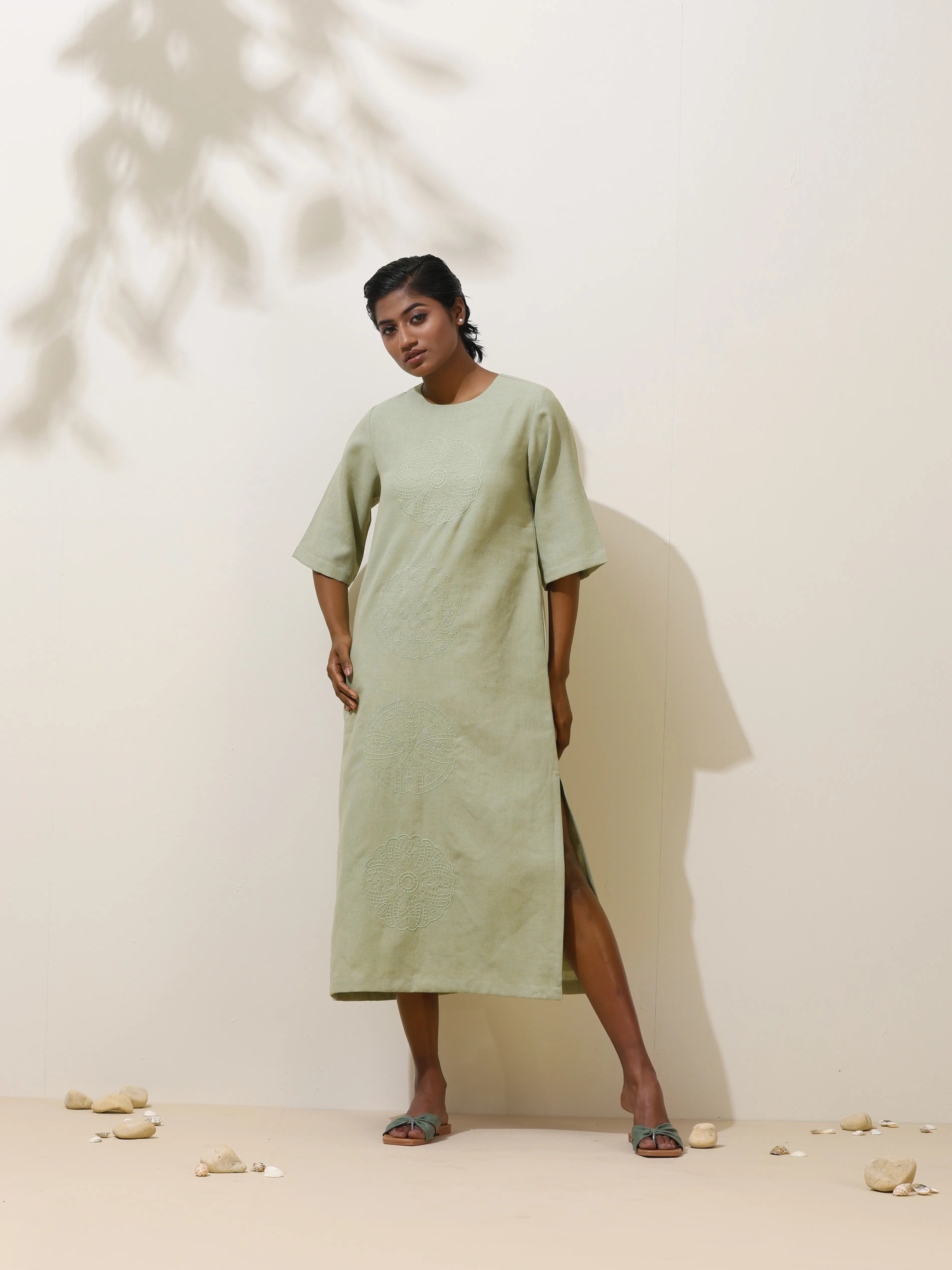 trueBrowns Patcholi Green Embroidered Natural Cotton Dress