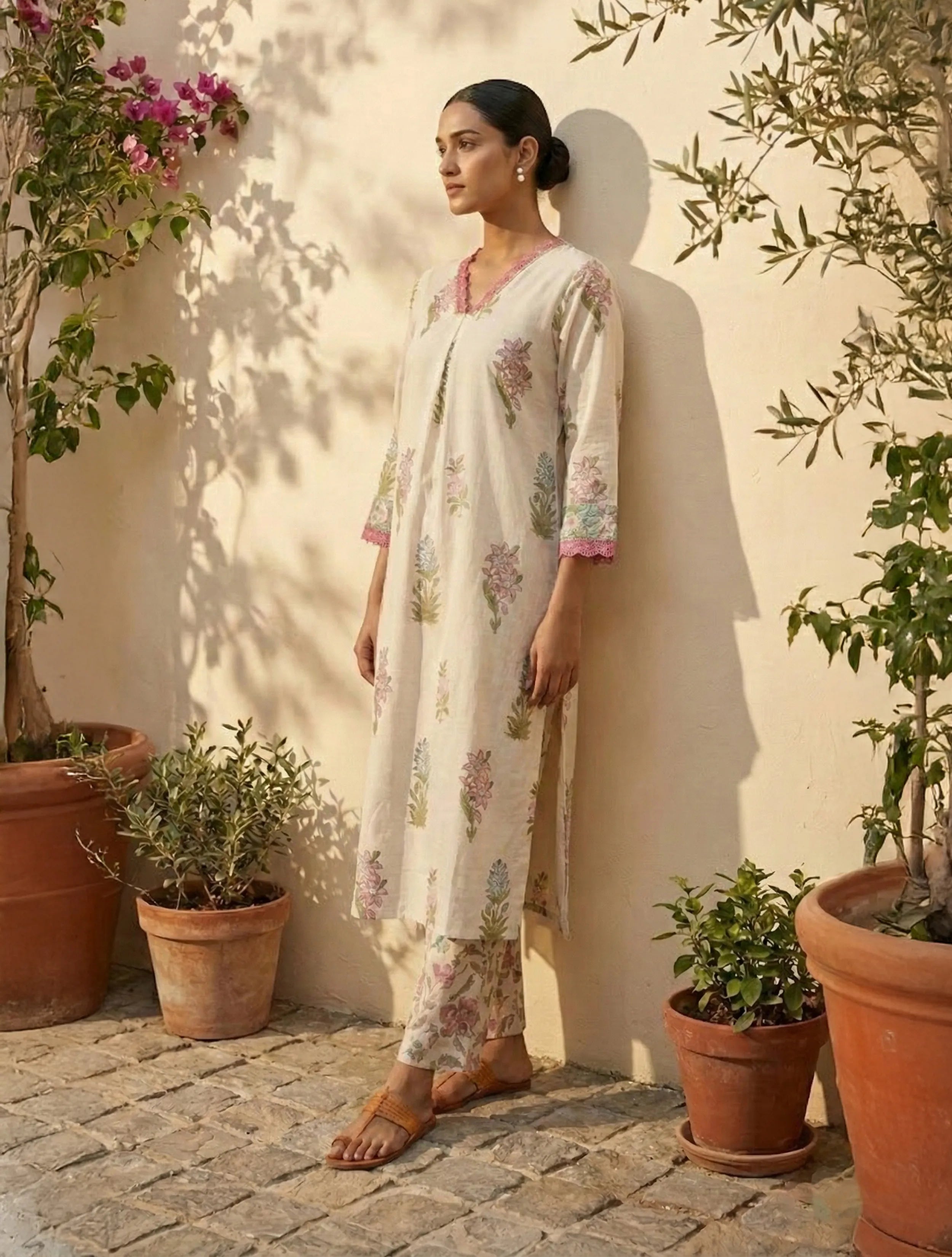 trueBrowns Ivory Floral Boota Print Kurta Pant Set