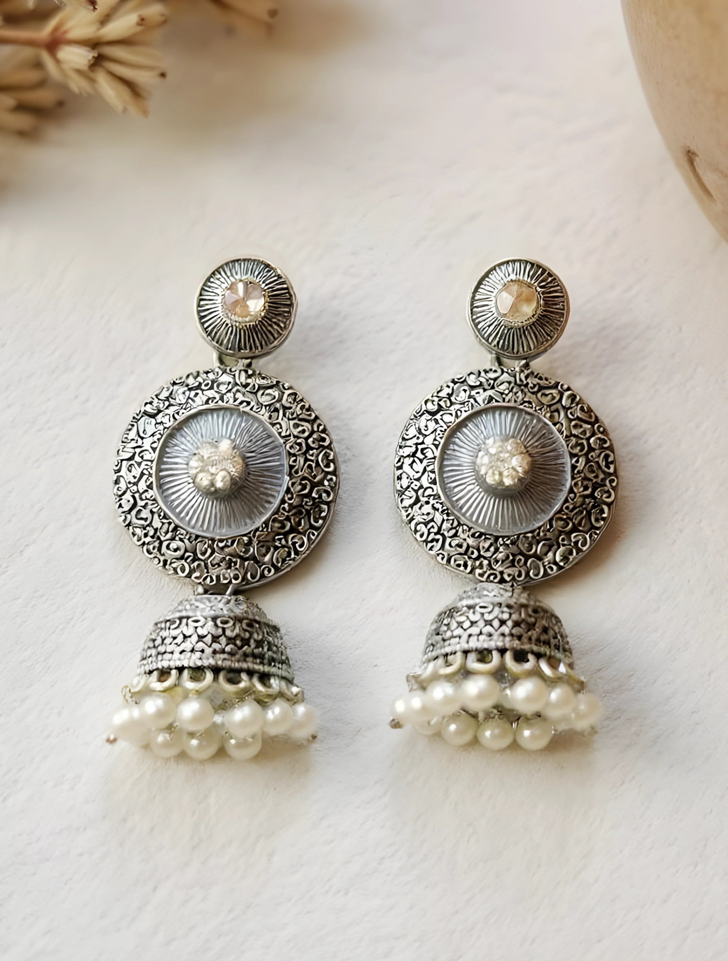 trueBrowns Grey Pearl Jhumka Earrings
