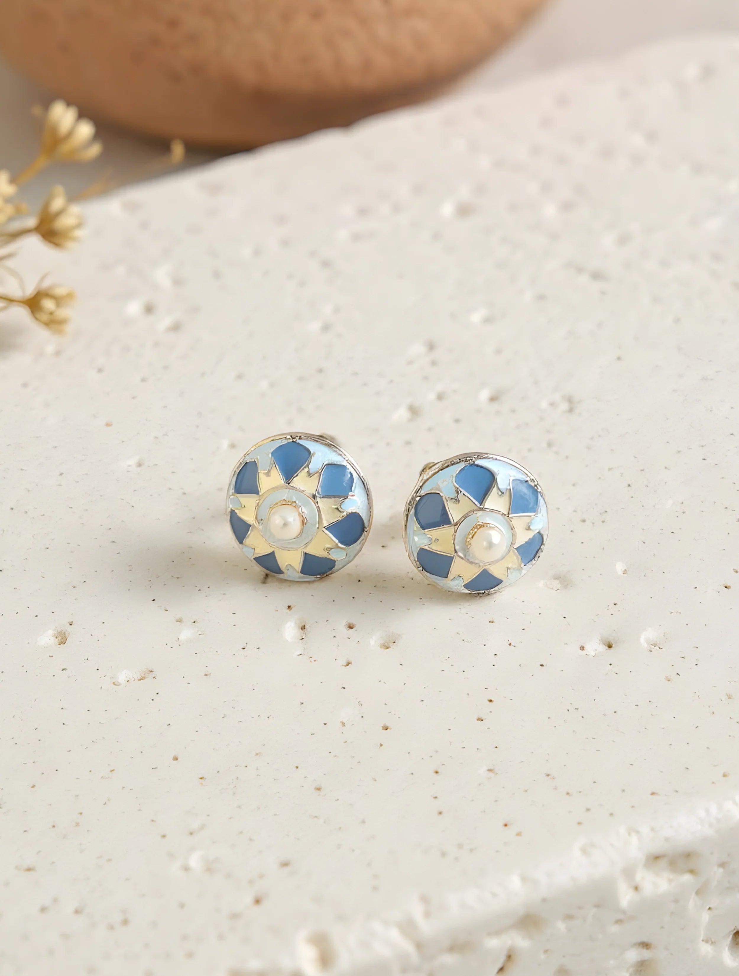 trueBrowns Blue Round Enamel Stud Earrings