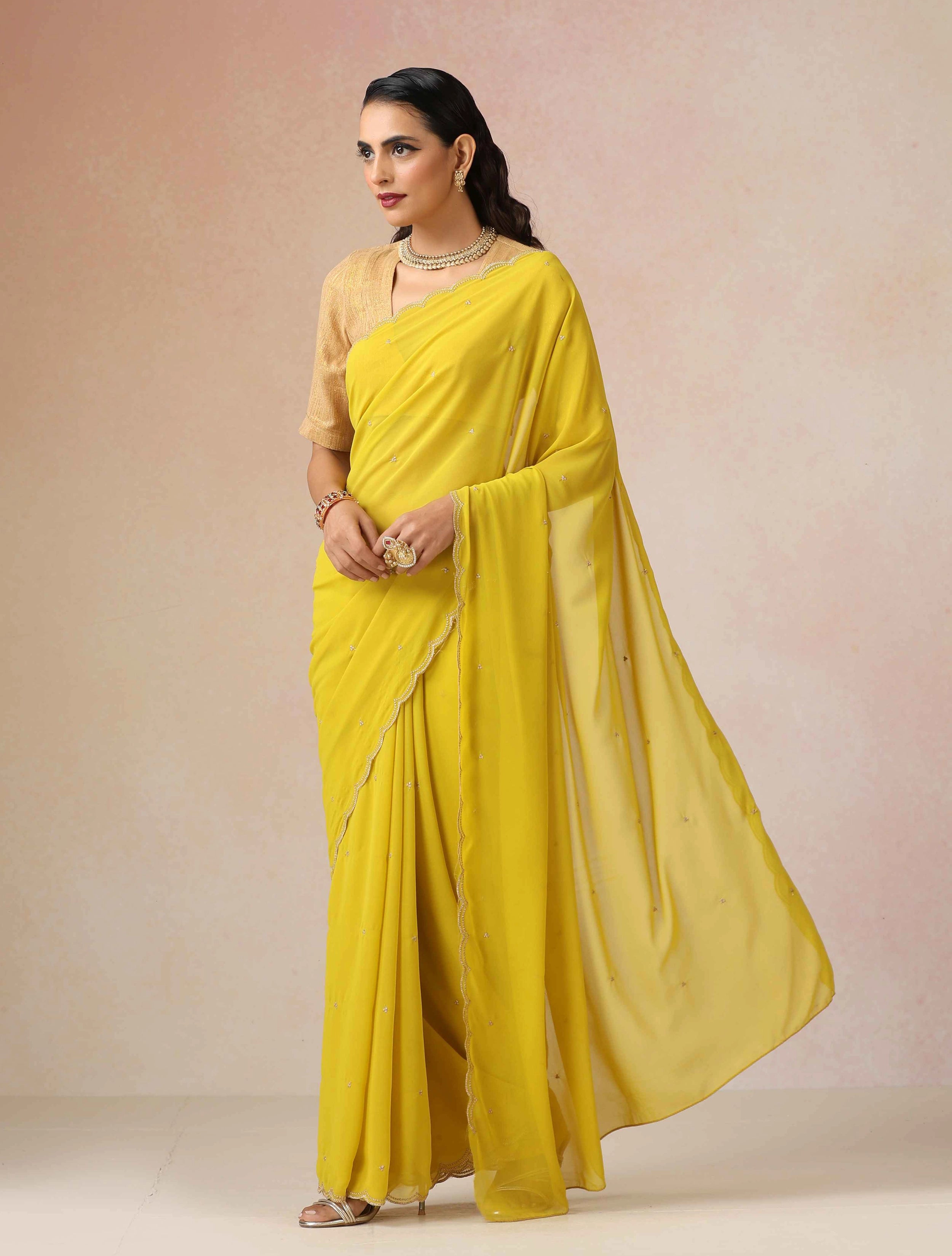 trueBrowns Lime Georgette Embroidered Saree With unstitched Blouse