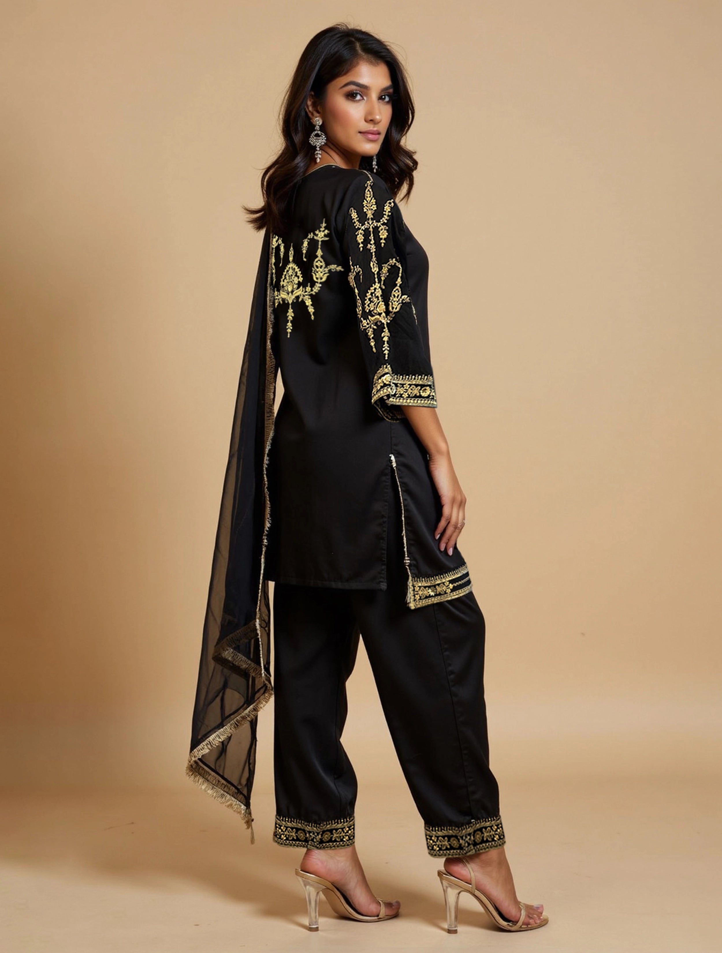 trueBrowns Black Embroidered Straight Kurta Pant Dupatta Set