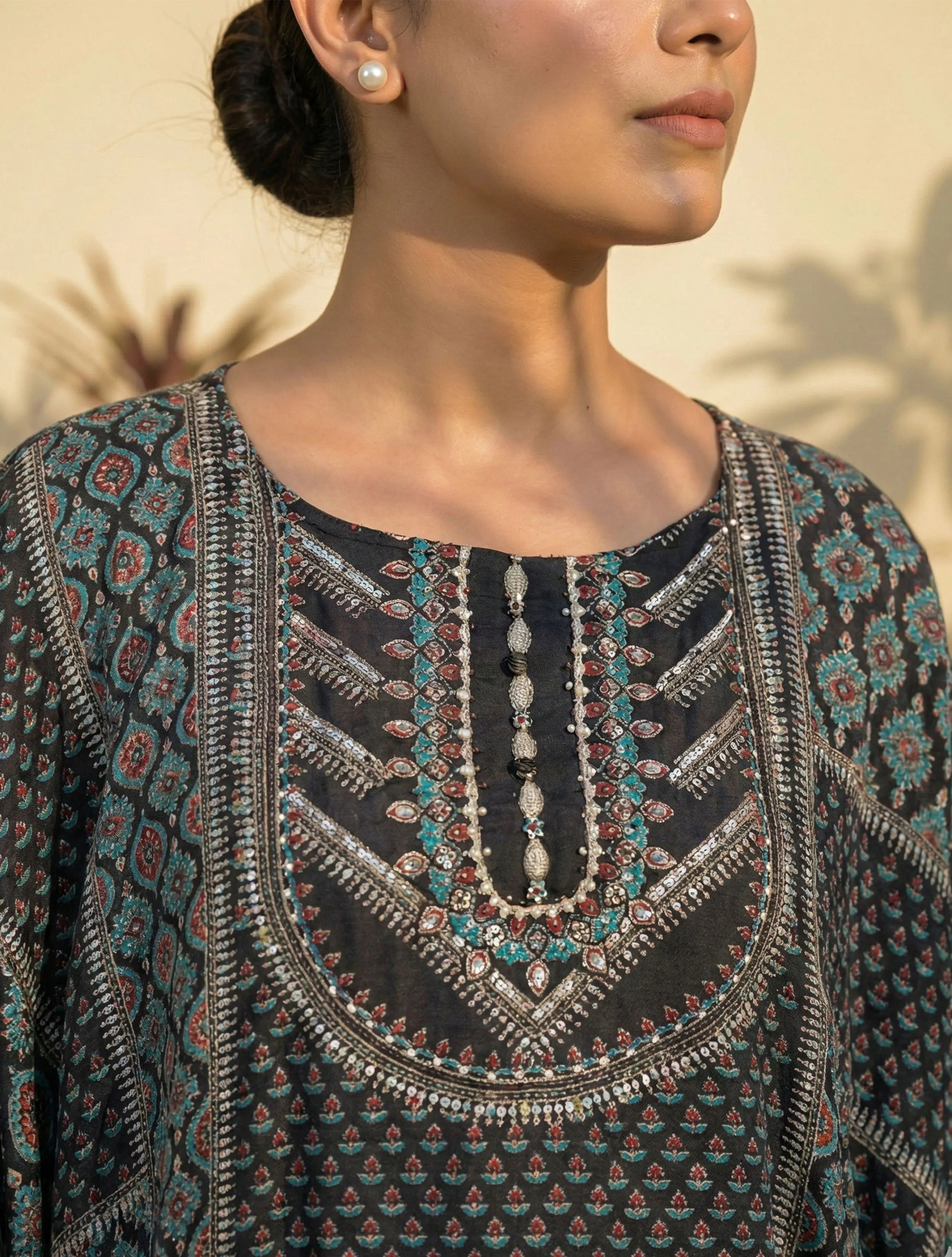 trueBrowns Black Print Embroidered Kaftan Co-Ord Set